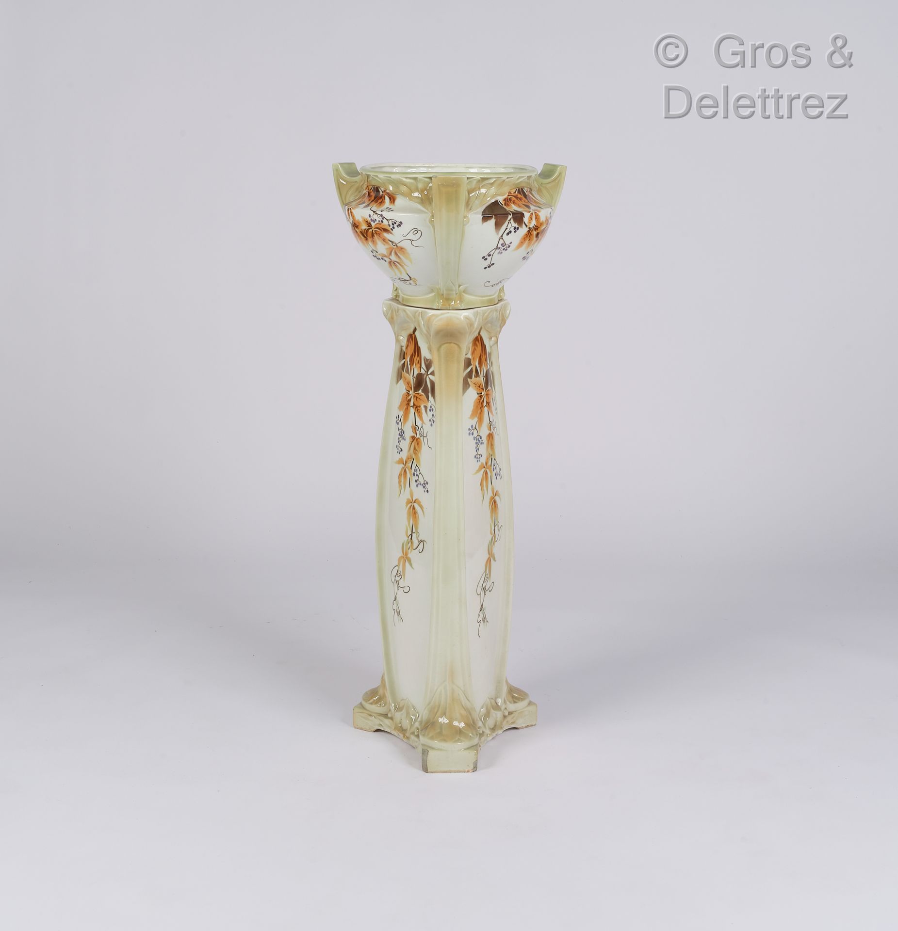 Null Cache-pot et sa colonne en céramique émaillée à décor de fleurs et feuillag&hellip;