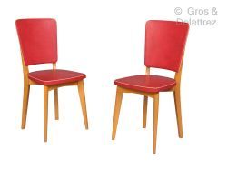 Null "FRENCH WORK 1950 Pair of light wood chairs Seat covered with red moleskin &hellip;