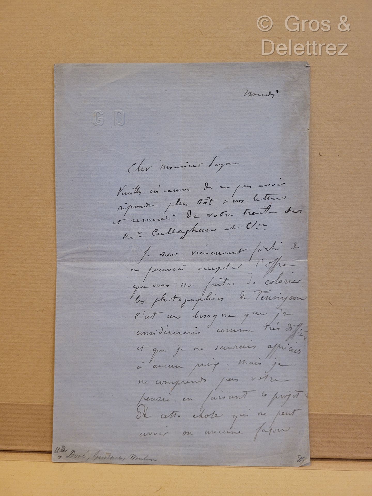 Null 古斯塔夫-多雷（1832-1883） 画家和插图画家。



签署给英国出版商詹姆斯-佩恩的亲笔信。



这封信有两页半，上面有他压印的密码，日期是&hellip;