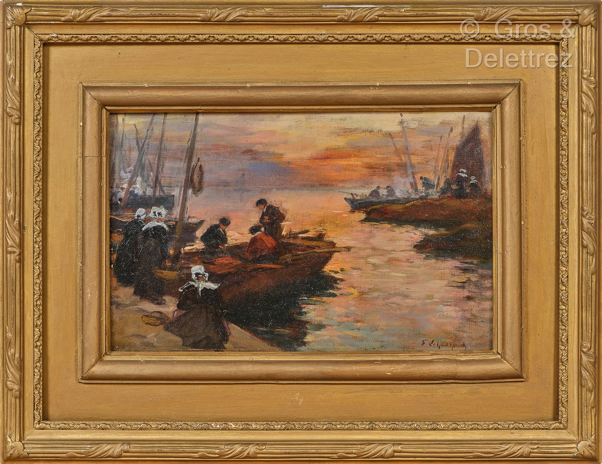 Fernand LEGOUT-GERARD (1856-1924) 黄昏时分返回港口
板上油彩
右下方有签名。 
17,5 x 27 cm
背面的标签n°392&hellip;
