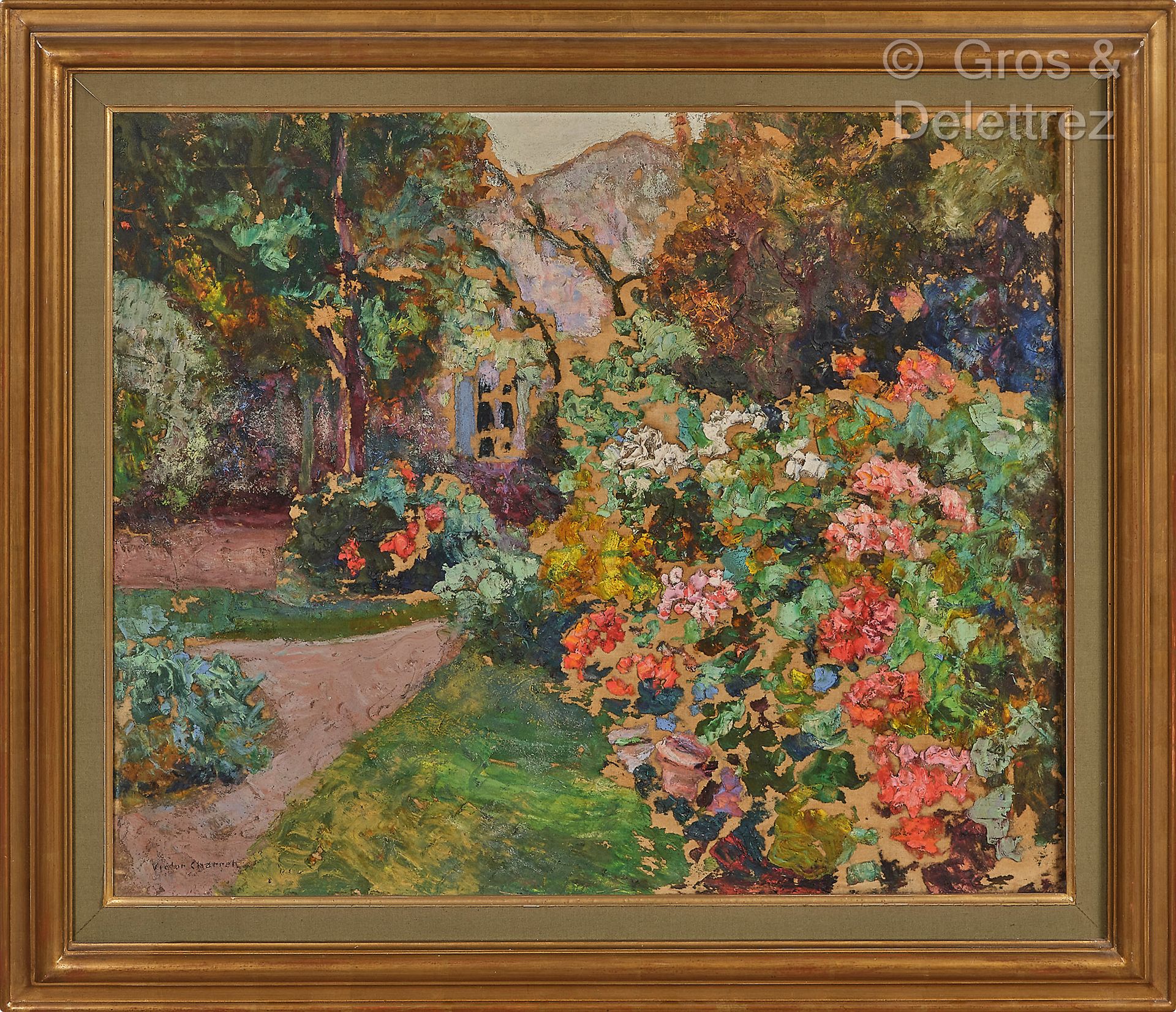 Victor CHARRETON (1864-1936) 屋前的花丛，约1936年

布面油画。

左下角有签名，背面有标签和题词 "N°3, le Jardi&hellip;
