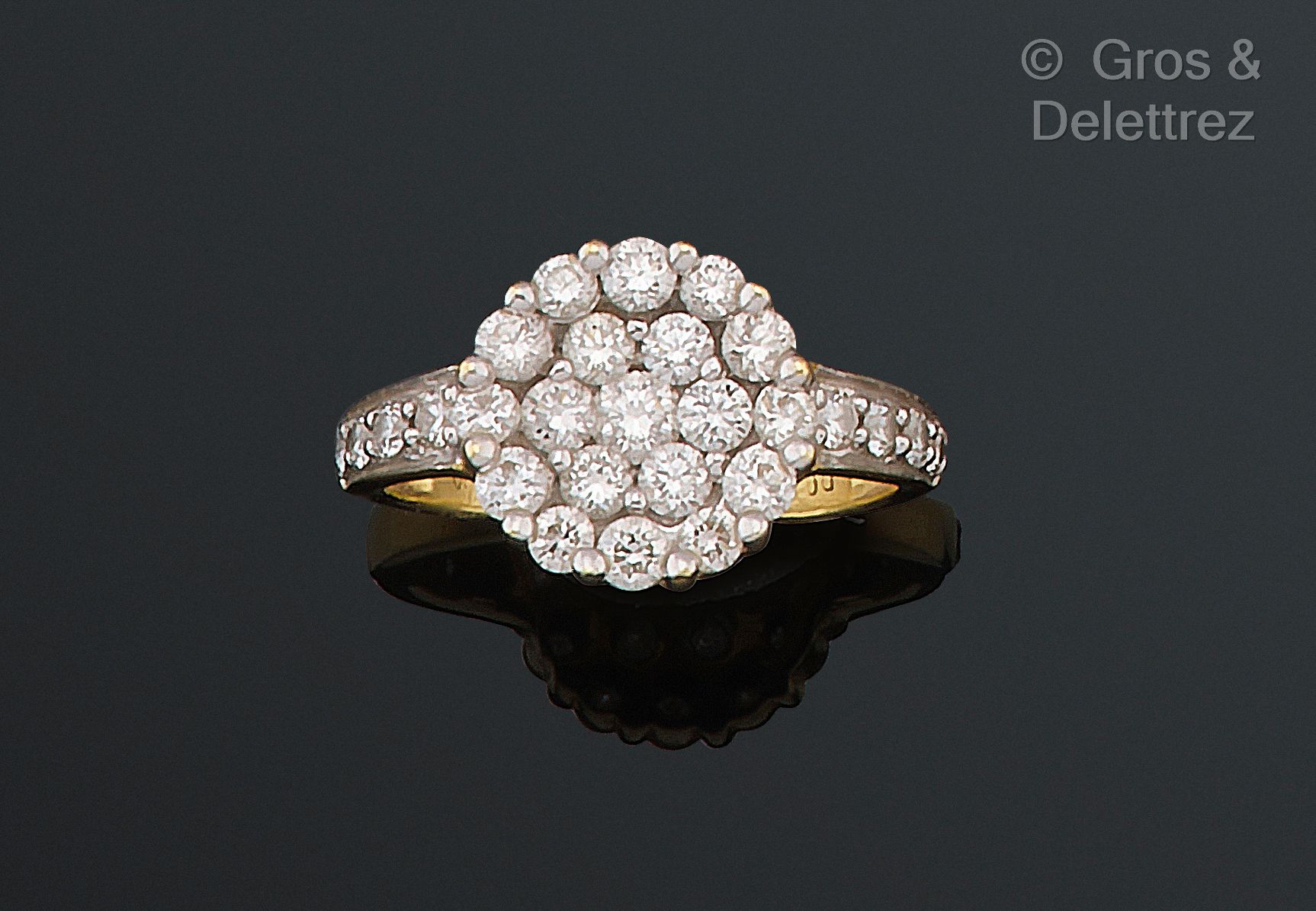 Null 黃金 "圓形 "戒指，鑲有一層明亮式切割鑽石。手指大小：50。毛重：3.5克。