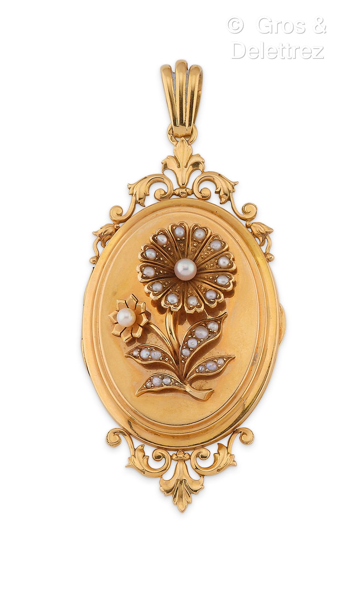 Null 黄金 "Porte Souvenir "吊坠，上面有一朵镶嵌着珍珠的花。布景上有百合花和叶子的装饰。尺寸：8 x 4厘米。毛重：29克。