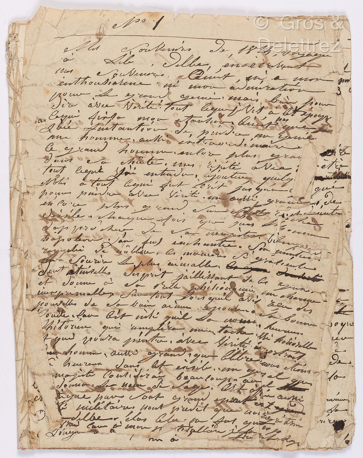 Null [NAPOLEON I]。皮埃尔夫人DESCHAMPS。1839年，她与拿破仑一世一起自愿流亡在厄尔巴岛的回忆的亲笔手稿。44页，4开本（35页是装订&hellip;