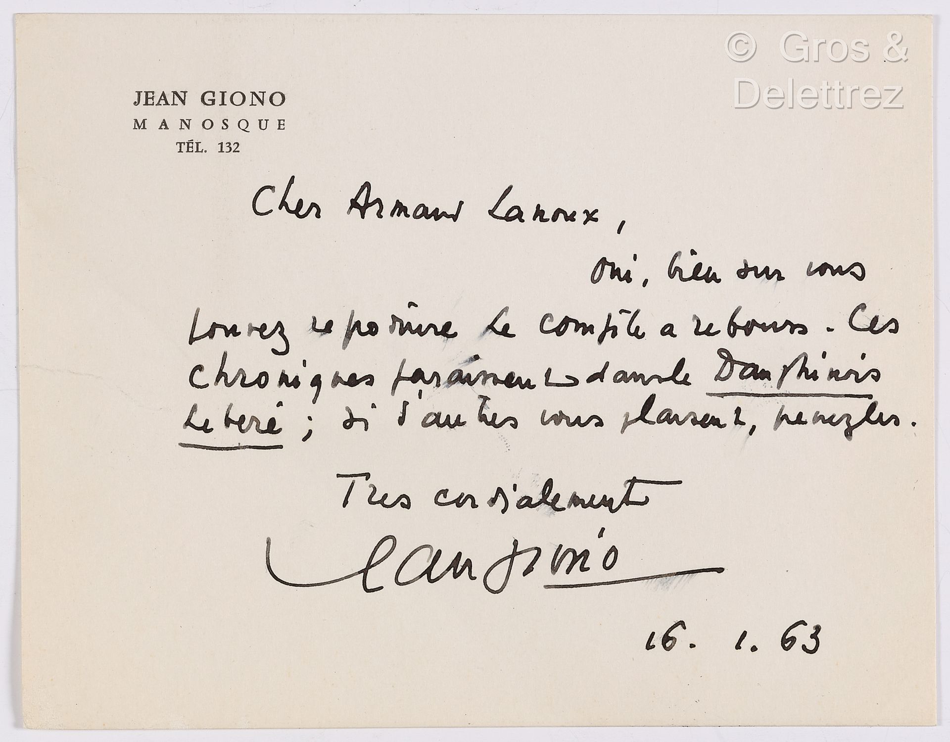 Null GIONO, Jean (1895-1970). Conjunto de 2 L.A.S. Y 1 C.A.S. Manosque, [París] &hellip;