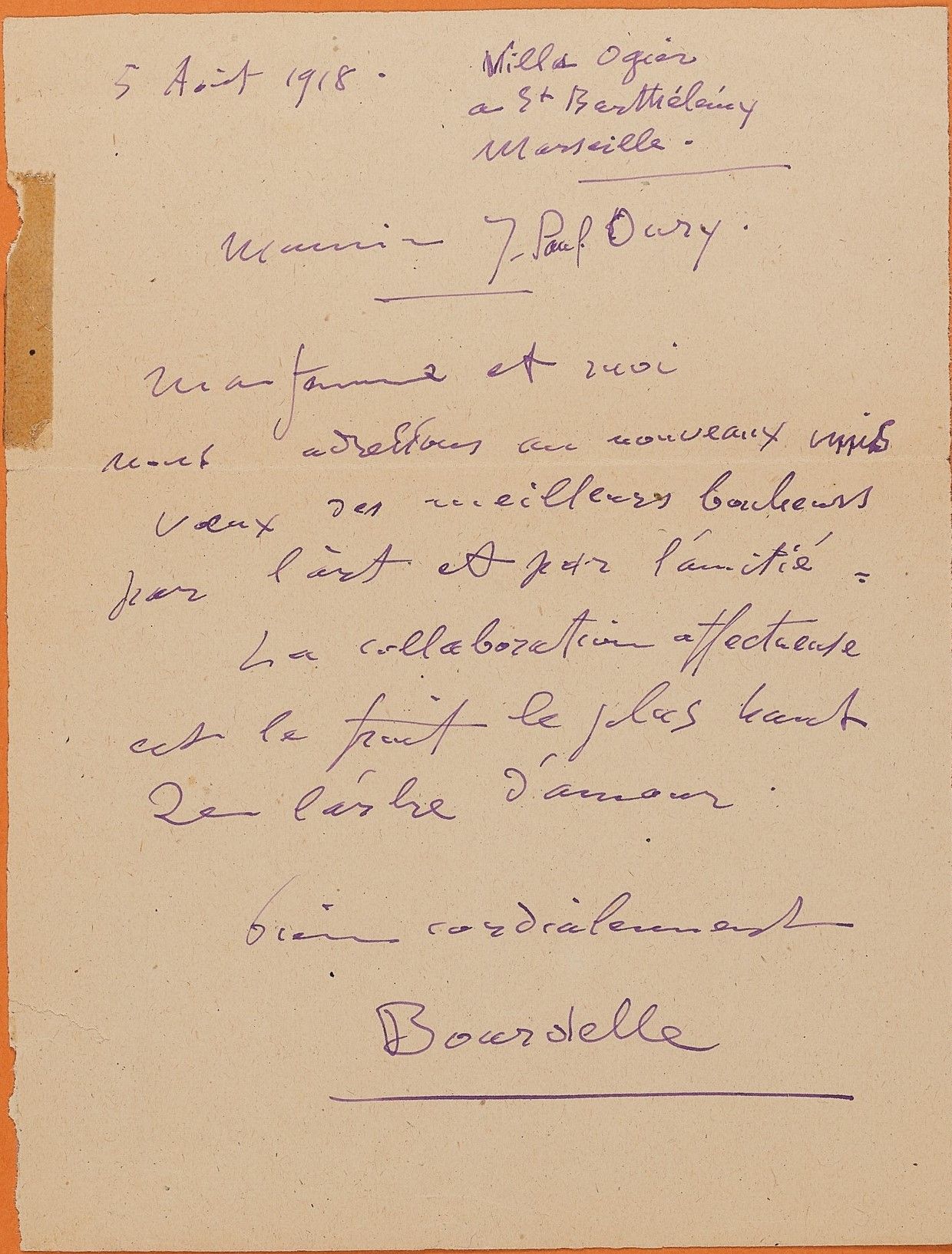 Null BOURDELLE, Antoine (1861-1929). Conjunto de 2 interesantes cartas: 



-L.A&hellip;