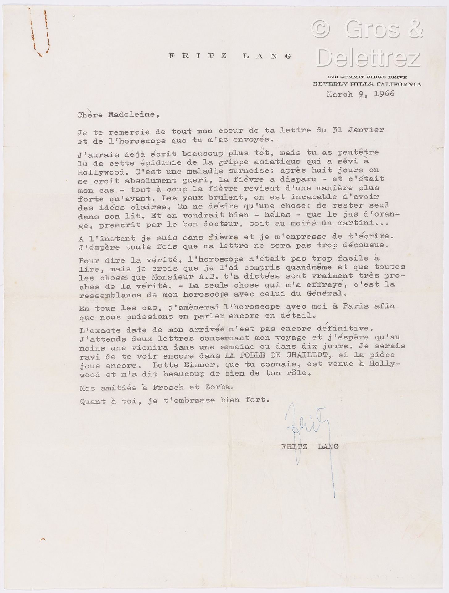 Null 朗，弗里茨（1890-1976），归化的美国导演。L.D.S.写给他的 "亲爱的马德琳"[很可能是马德琳-奥泽雷]。1966年3月9日，加利福尼亚州贝&hellip;
