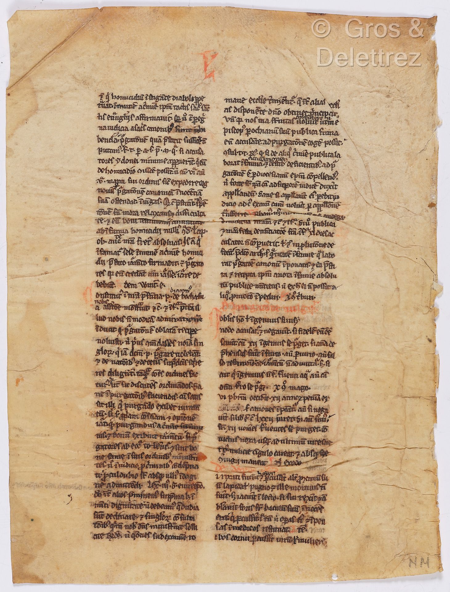 Null [CANON LAW - TEMPLARS]. Leaf from a treatise on canon law on vellum. XIIIth&hellip;