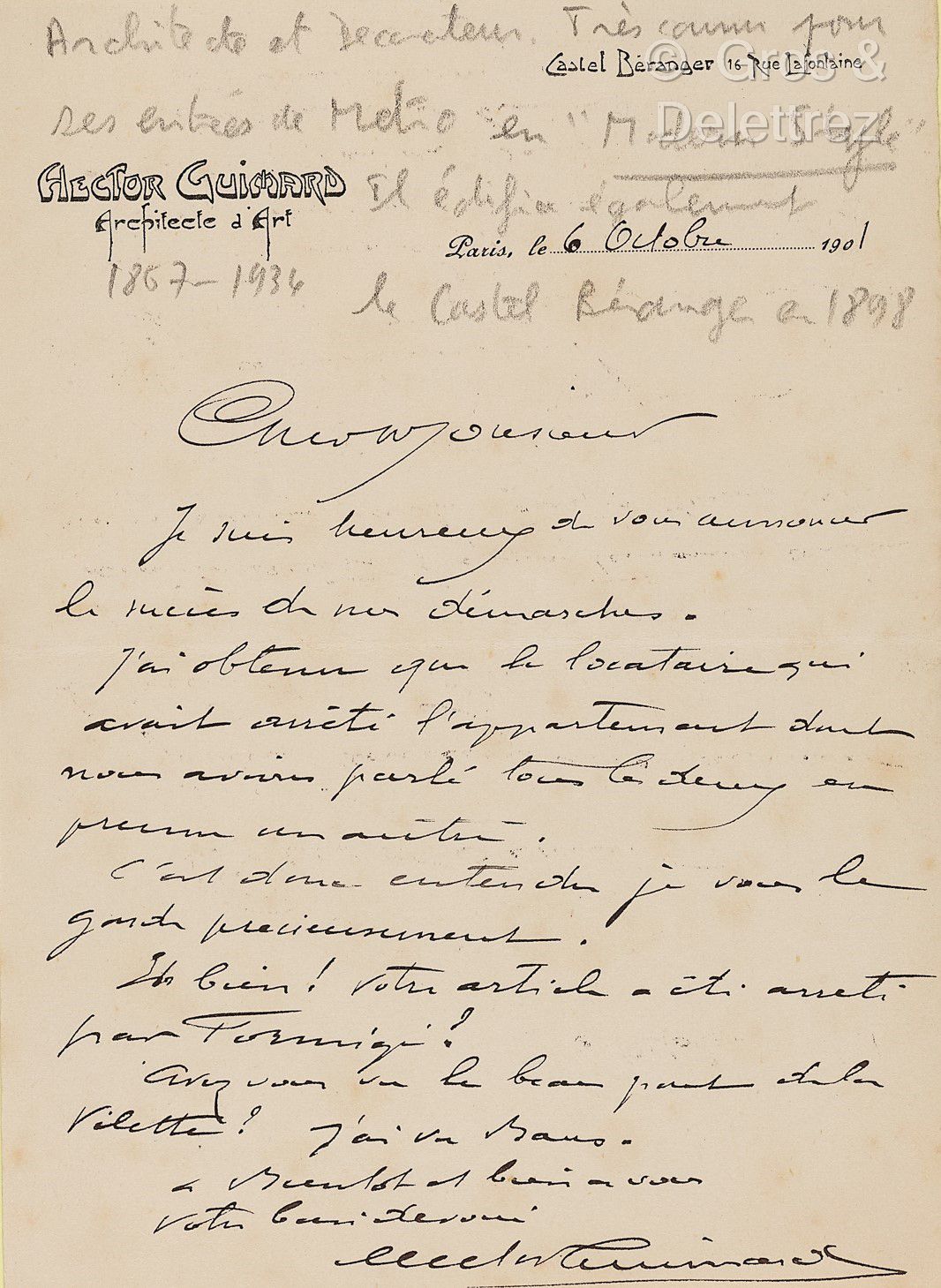 Null 吉玛尔，赫克托（1867-1942），法国建筑师，新艺术运动的主要人物。L.A.S. 巴黎，1901年10月6日。1页，8开本。美丽的新艺术信笺 "A&hellip;