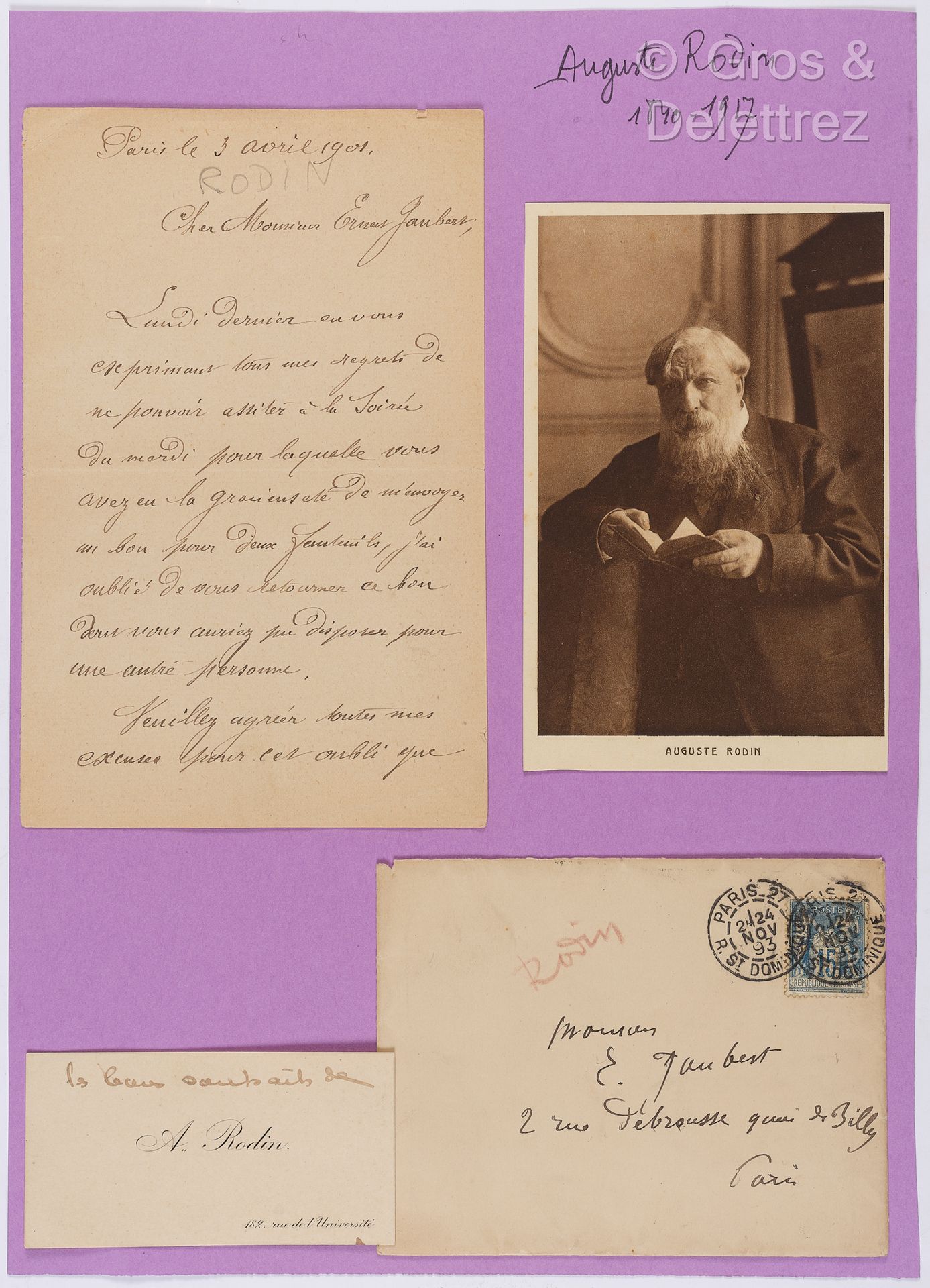 Null RODIN, Auguste (1840-1917). Set di 3 documenti: 



-L.S. Al poeta e narrat&hellip;