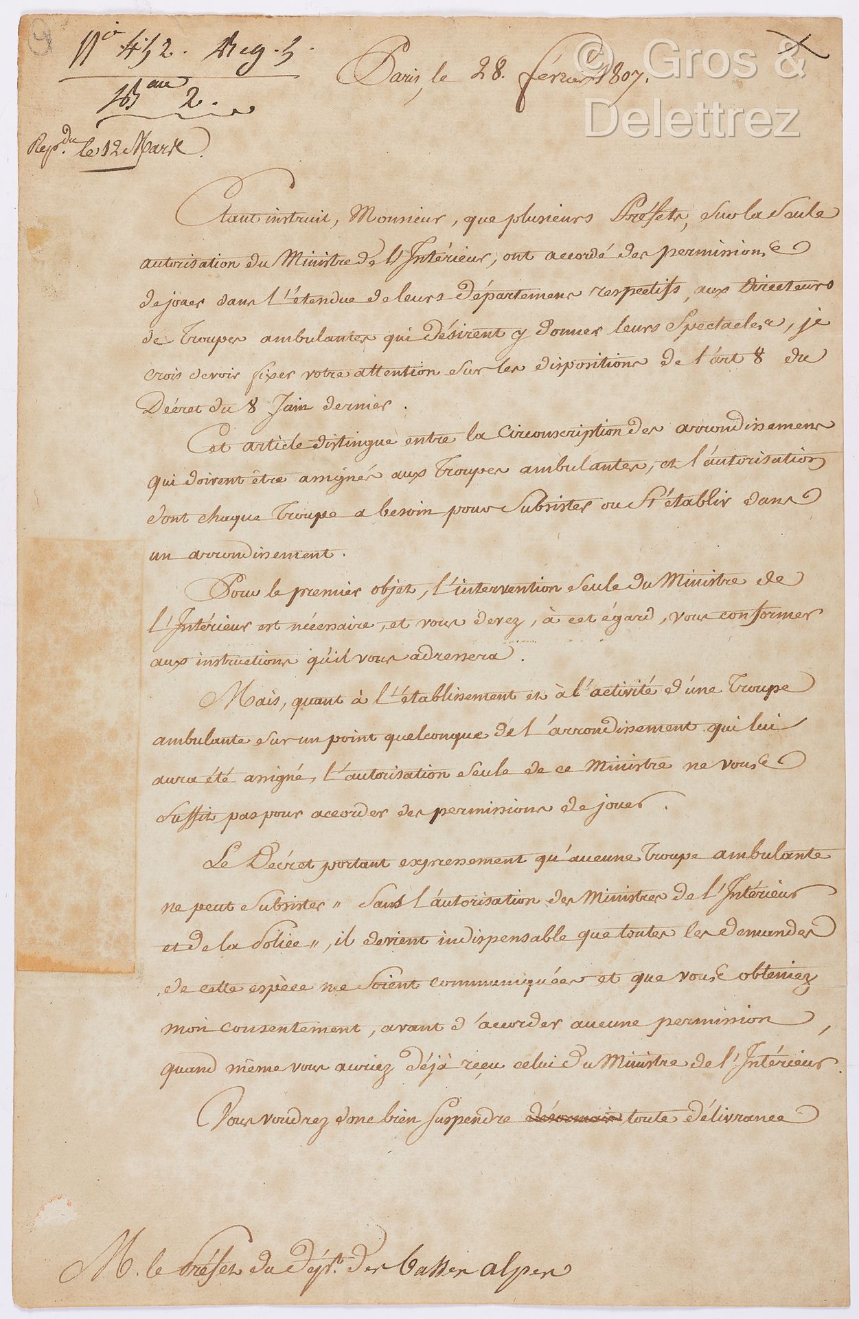 Null FOUCHÉ，约瑟夫，奥特朗托公爵（1759-1820）。一套2份文件。



-L.S. 巴黎，1807年2月28日。 1页。1/2的内页。苍白均匀&hellip;