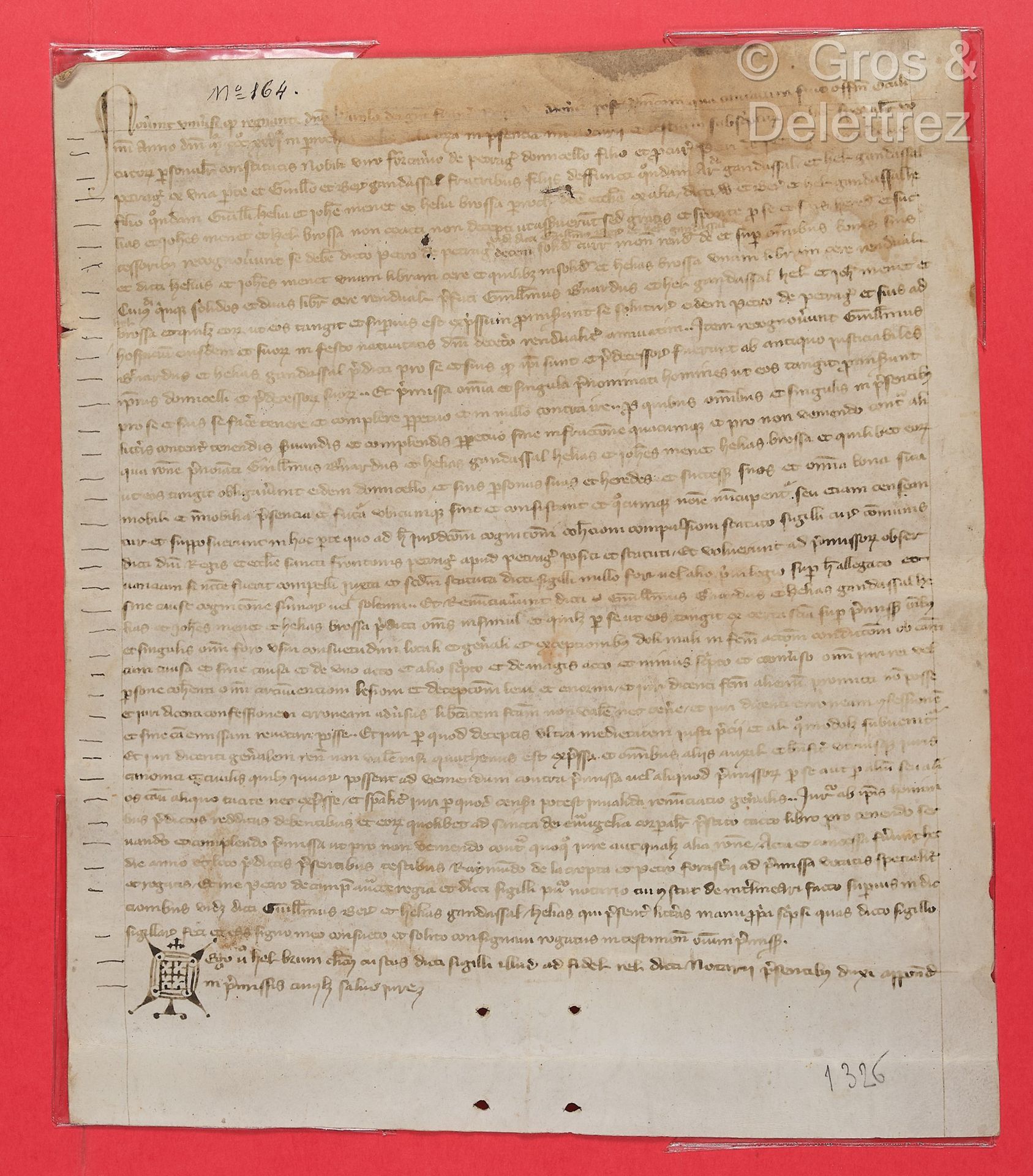 Null [宪章-佩里戈德]。日期为1326年的羊皮纸宪章。27 x 23厘米。顶部有少量湿润。



佩里戈德省Léguillac de l'Auche教区E&hellip;