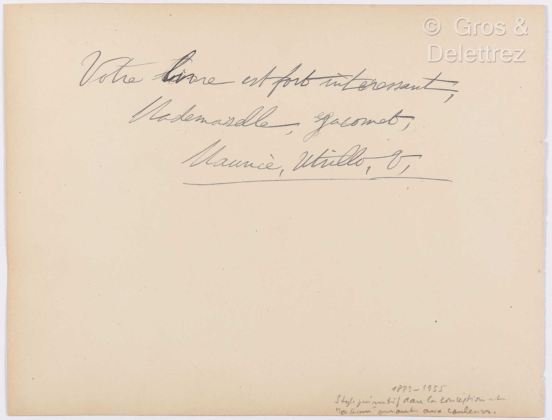 Null 乌特里罗父子。一套2份文件。



乌特里罗，米克尔（1862-1934），画家、装饰家和艺术评论家，莫里斯-乌特里罗的父亲和苏珊娜-瓦拉东的爱人。L&hellip;