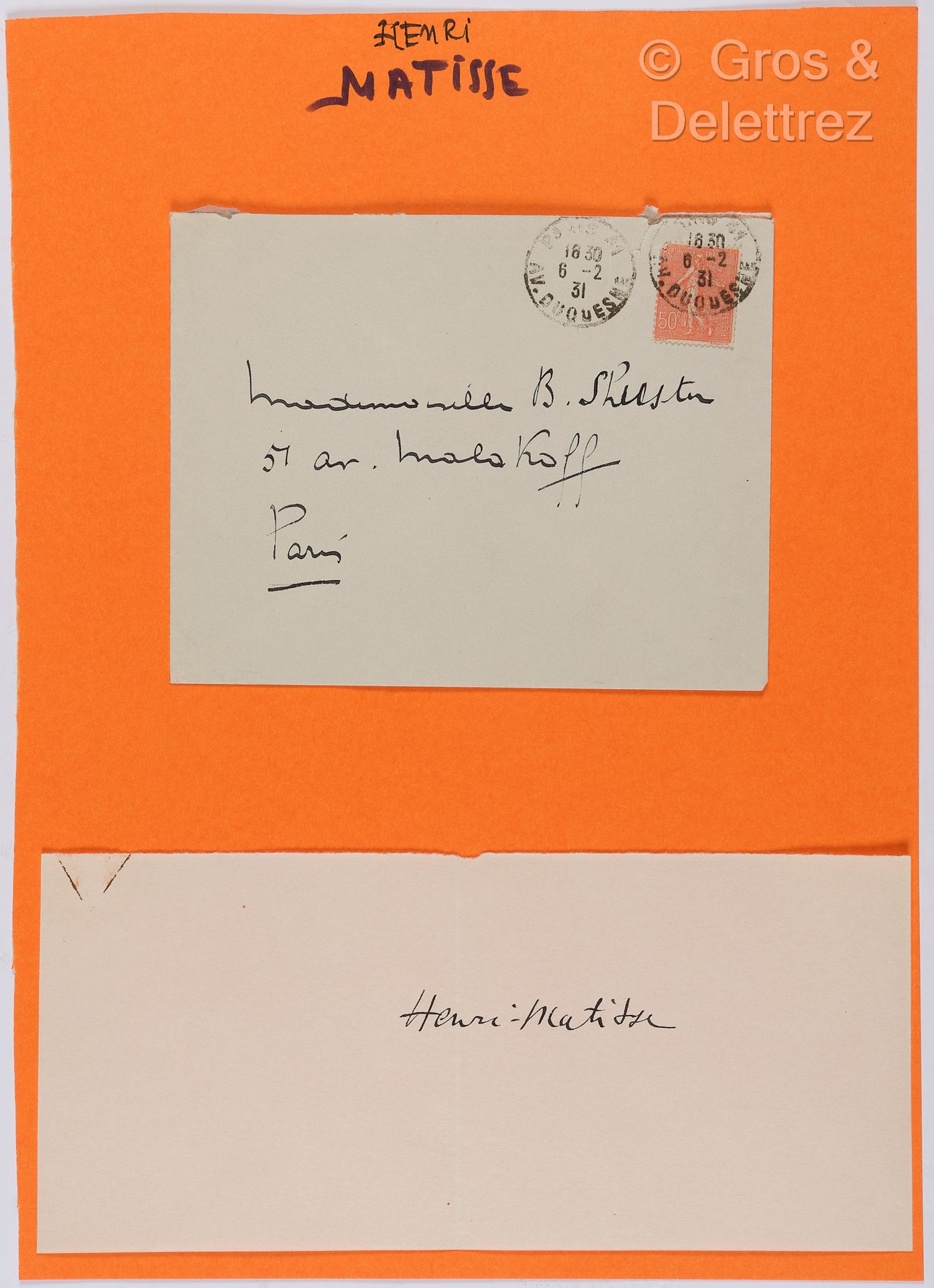 Null MATISSE, Henri (1869-1954). Conjunto de 2 documentos: 



-Breve L.A.S. Con&hellip;