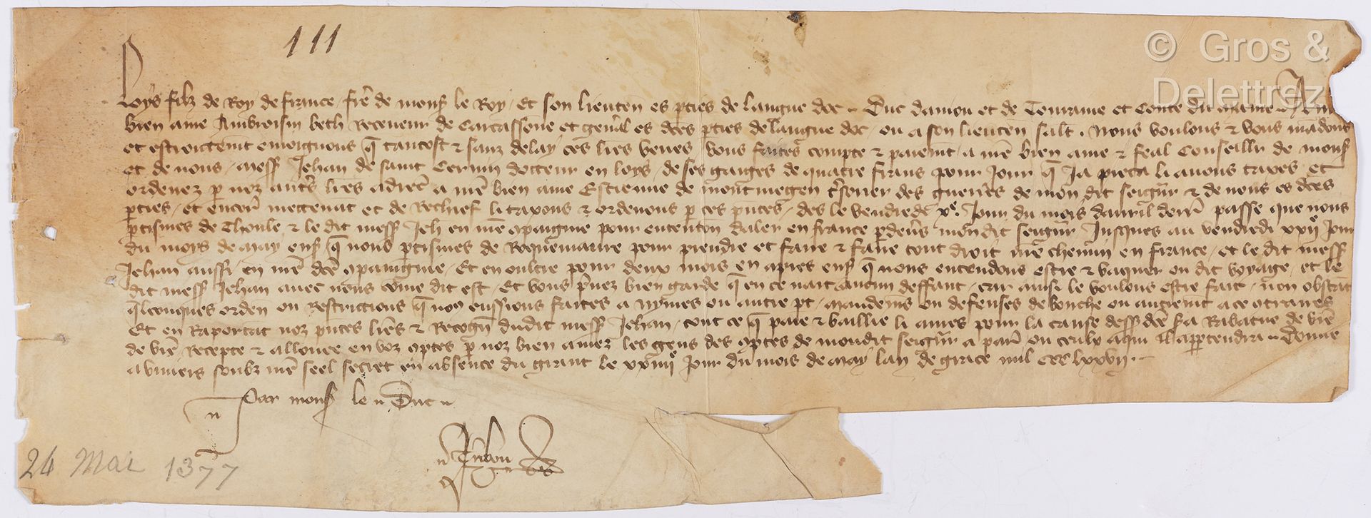 Null [CARTA - LOUIS I de Anjou]. Carta en vitela. 14 líneas firmadas "Par Mons. &hellip;