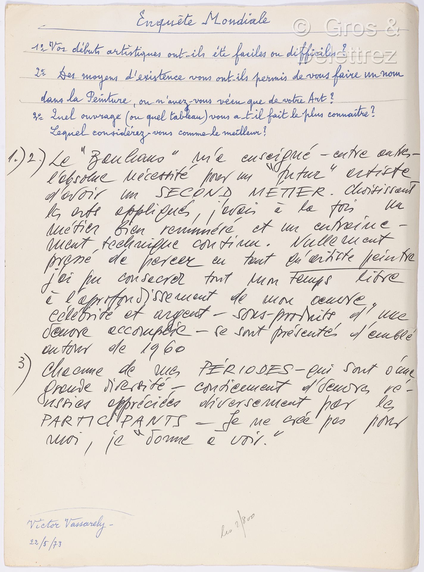 Null VASARELY, Victor (1906-1997).一套2份亲笔签名的手稿。[1973].1页对开纸板，1页8开本。黑色和蓝色的双色球。轻微划痕&hellip;