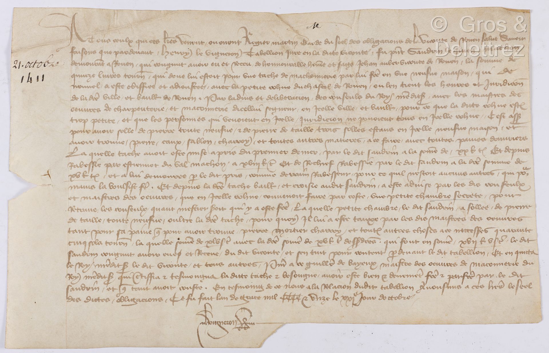 Null [Charter - Rouen - Seine-maritime]。1411年10月21日的牛皮纸宪章，16.7 x 28.5厘米。牛皮纸上有24行&hellip;
