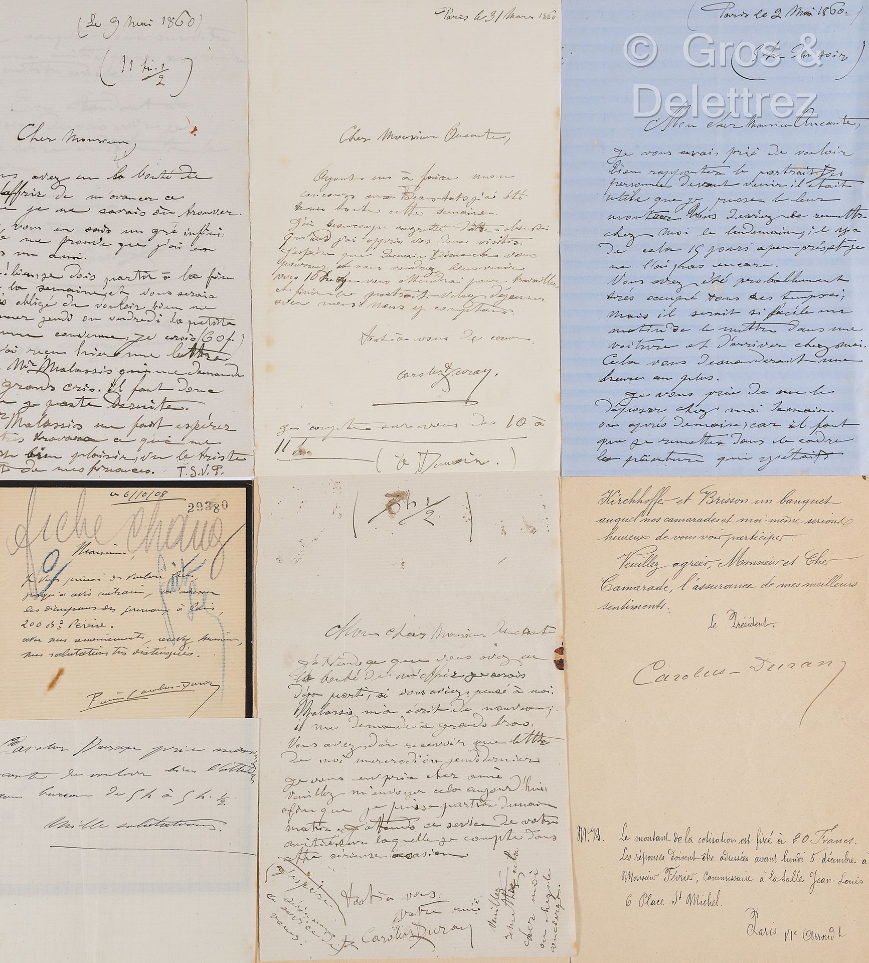 Null 卡洛斯-杜兰（1837-1917）。一套5份文件，有些是写给奥坎特的：3份L.A.S.，一份L.S.和一份签名卡。1860年和1904年。约7页，8开&hellip;