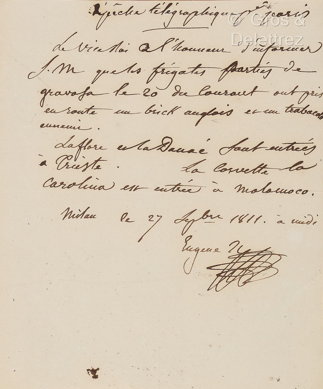 Null 贝哈奈，欧仁-德（1781-1824）。一套2份文件。



- L.A.S.米兰，1811年9月27日。1页，4页。关于法国舰队在征服意大利期间的行&hellip;