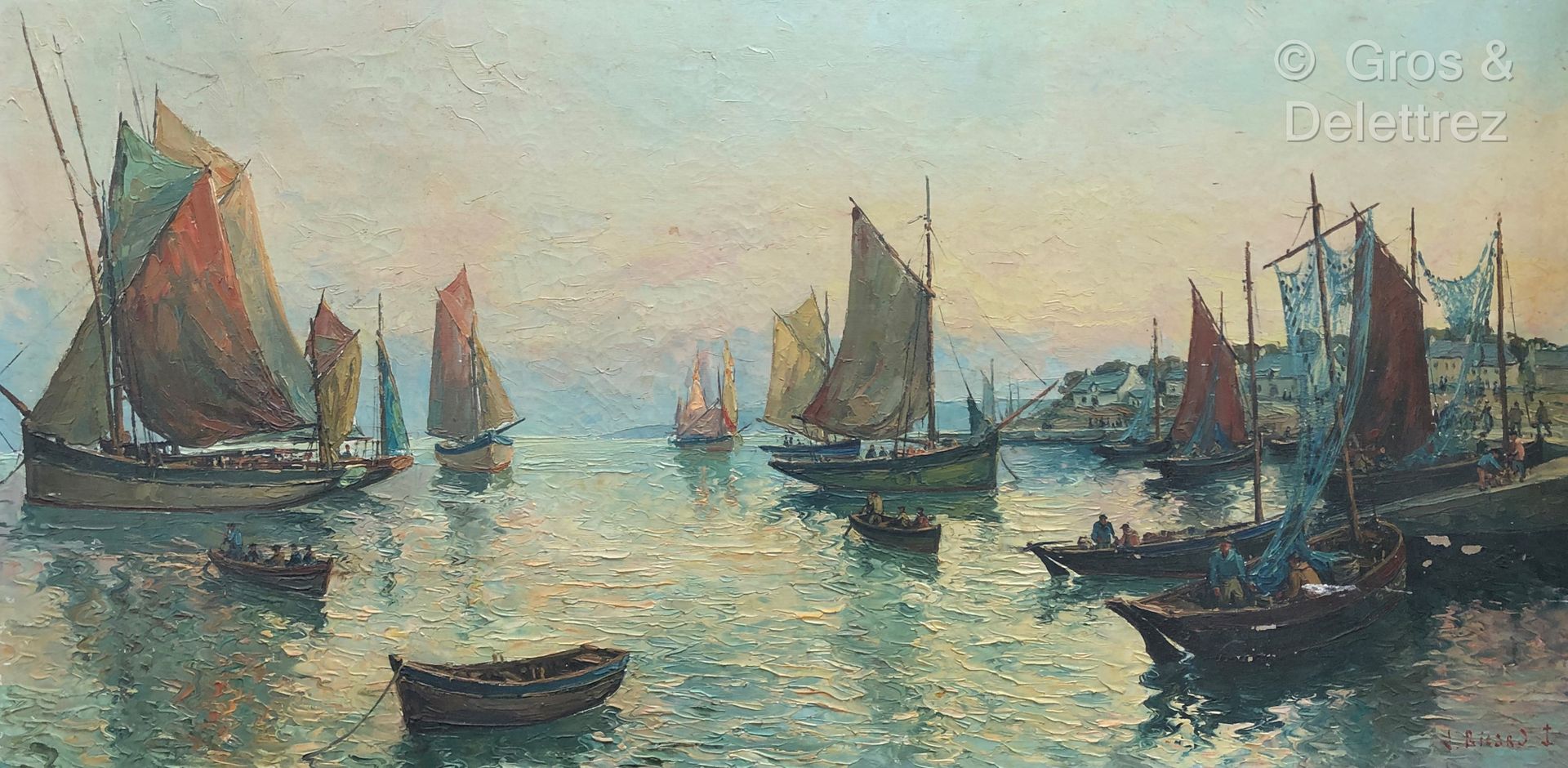 Null (SD) J. RICARD (19日)

港口的帆船

布面油画，右下角有签名

60 x 120,5 cm
