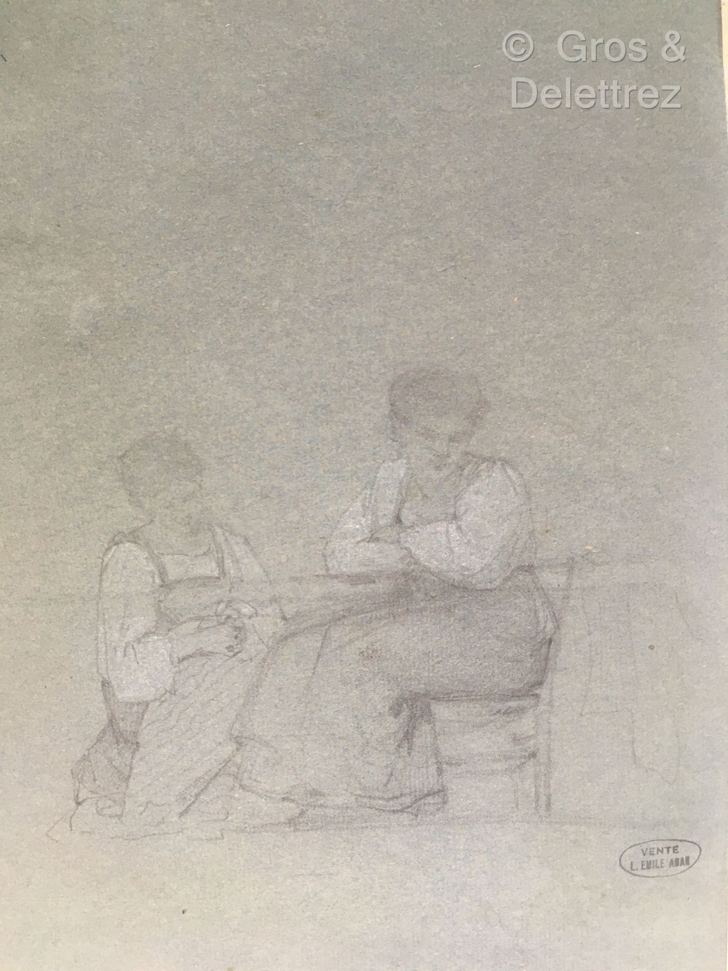 Null (E) 路易斯-埃米尔-阿丹(1839-1937)

裁缝师们

铅笔在蓝纸上，白色石头的亮点

携带邮票

31,5 x 20 cm

无框，有垫子