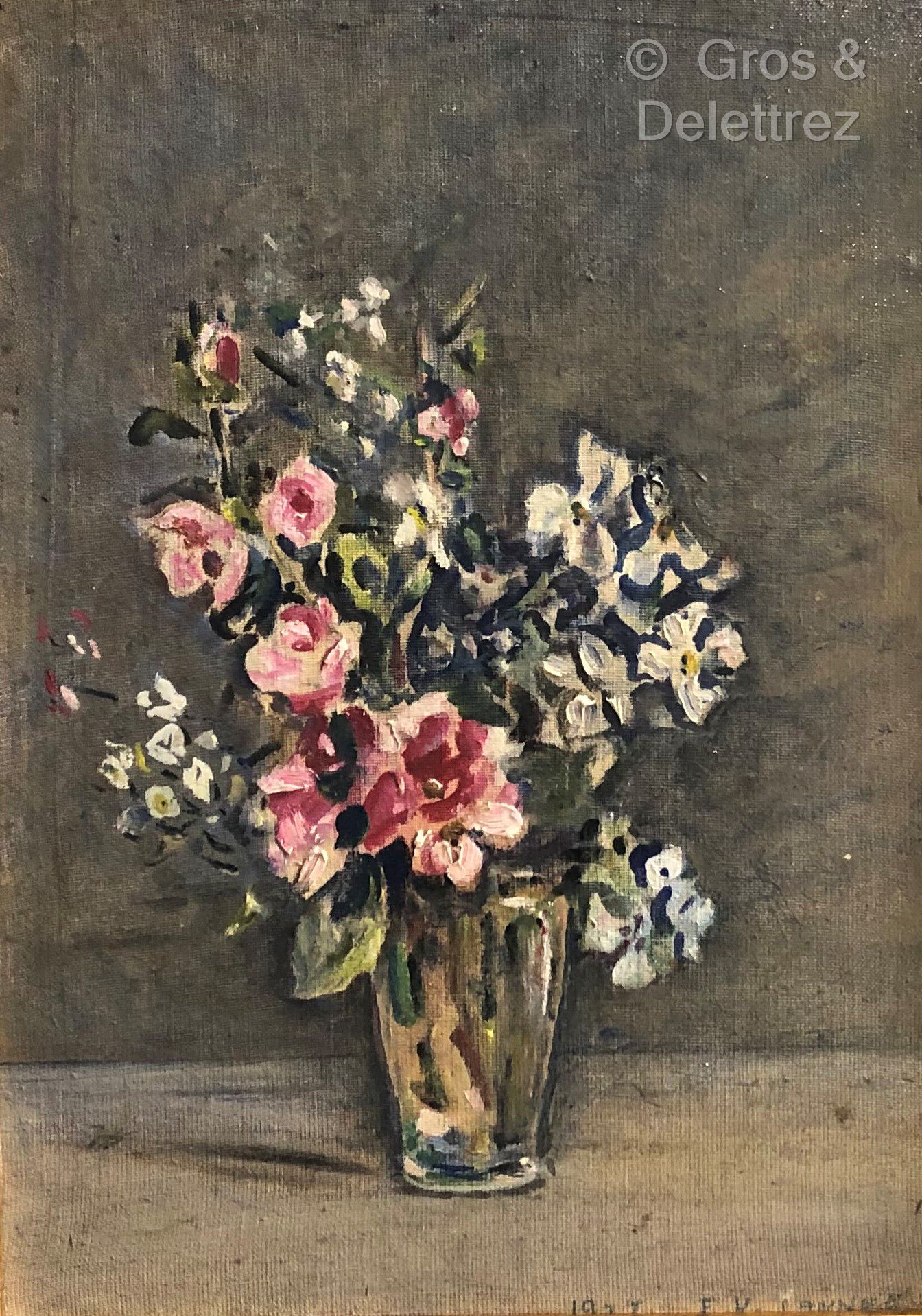 Null (SD) 现代学校

灰色背景上的花束

签名为 "E.V "的板上油画，日期为1922年，地点为戛纳的右下方

35,5 x 25,5 cm



&hellip;