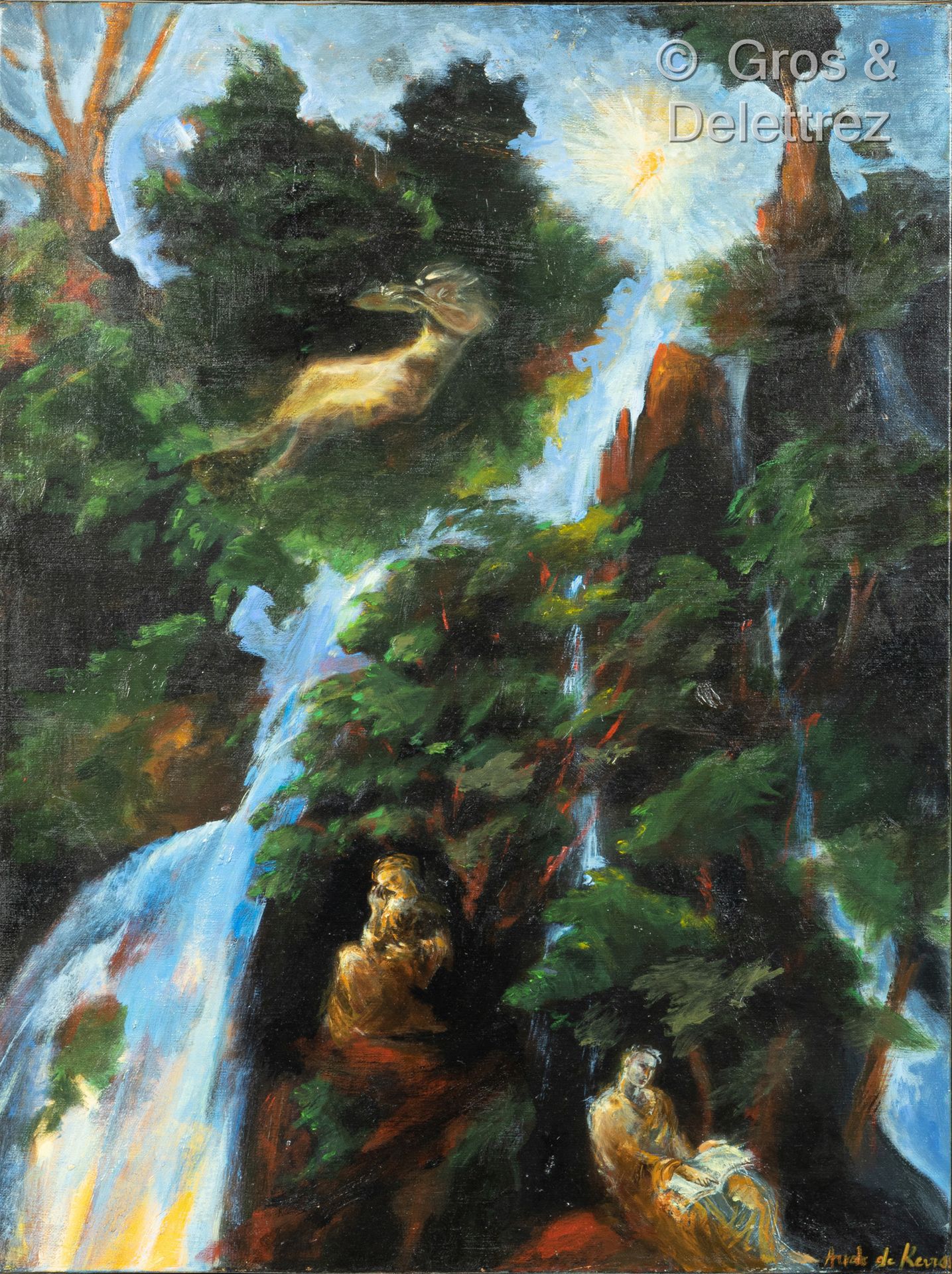 Null (SD) 奥黛-德-克罗斯(生于1947年)

瀑布与黄色的字符

布面油画，右下角有签名