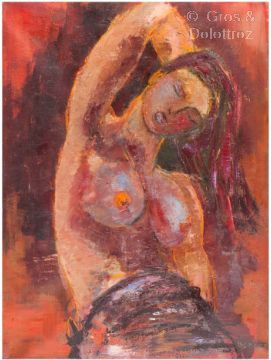 Null (SD) BONNER (20世纪)

裸体坐着，手臂举起

布面油画，右下角有签名，背面有日期09/02

81 x 60厘米