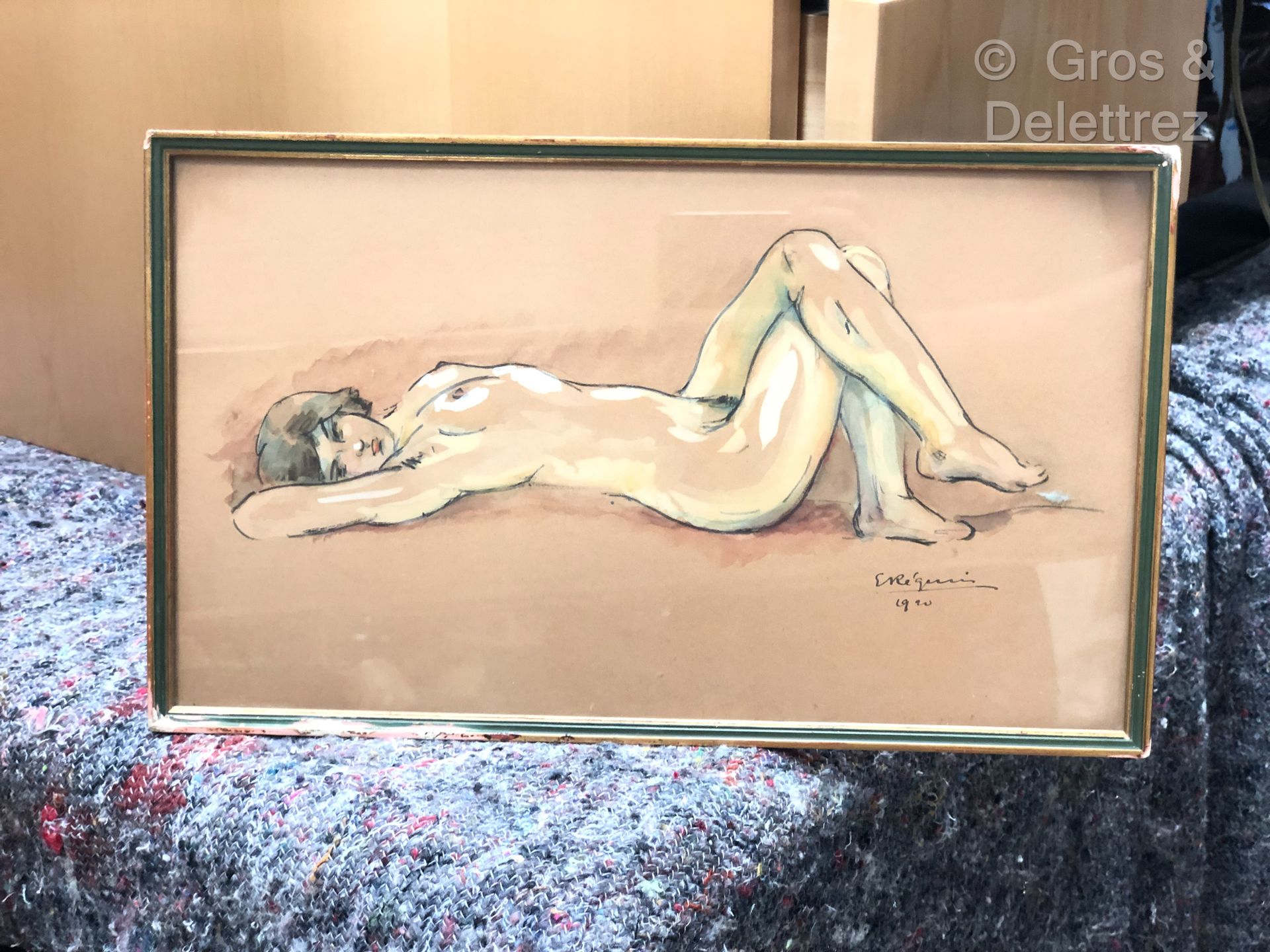 Null (SD) E．阮经天

慵懒的裸体女人

纸上混合技术，右下角有签名，日期为1920年

21 x 35 cm