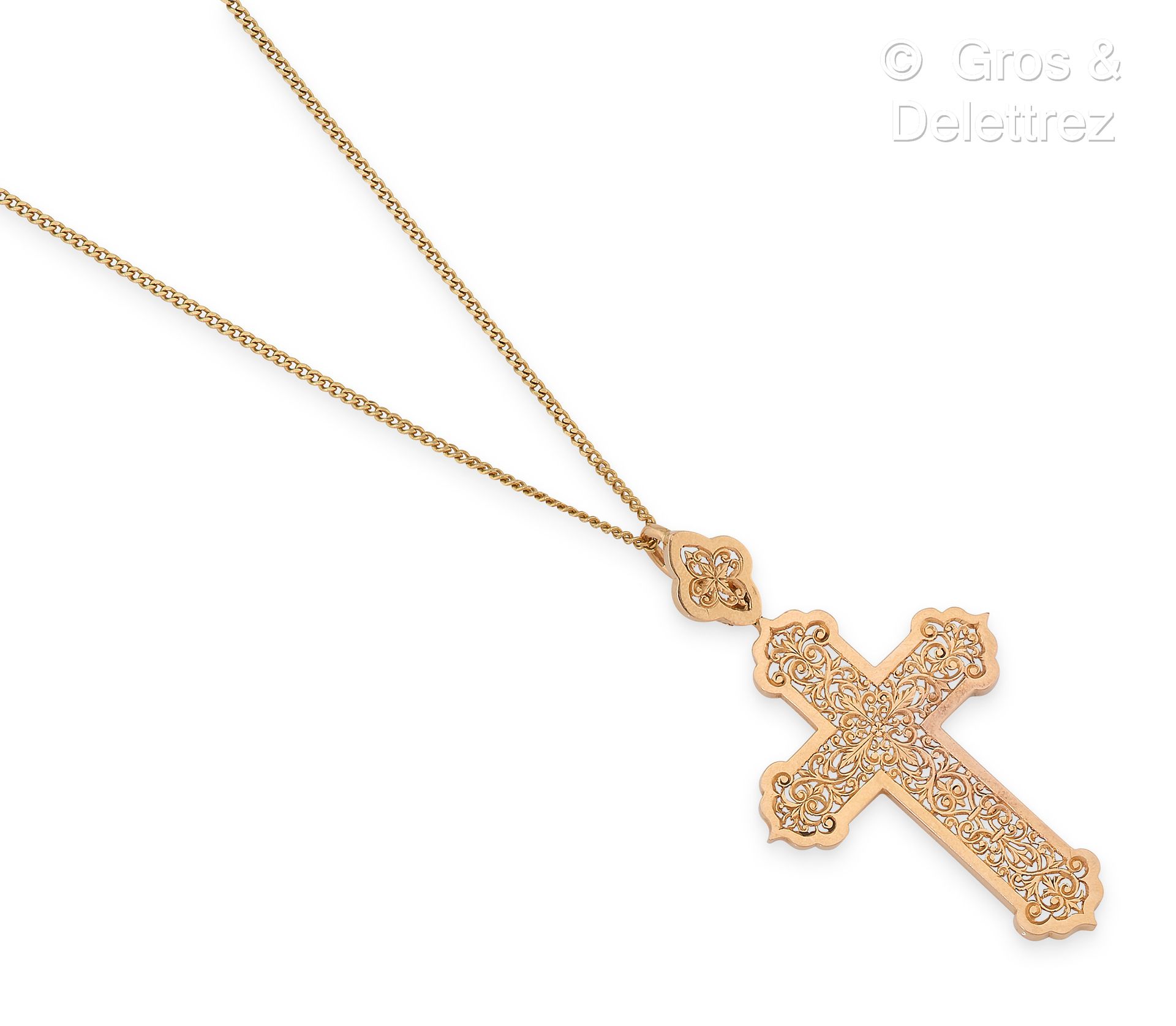 Null Cross pendant in pink gold pierced with fleur-de-lis and foliage. It is acc&hellip;