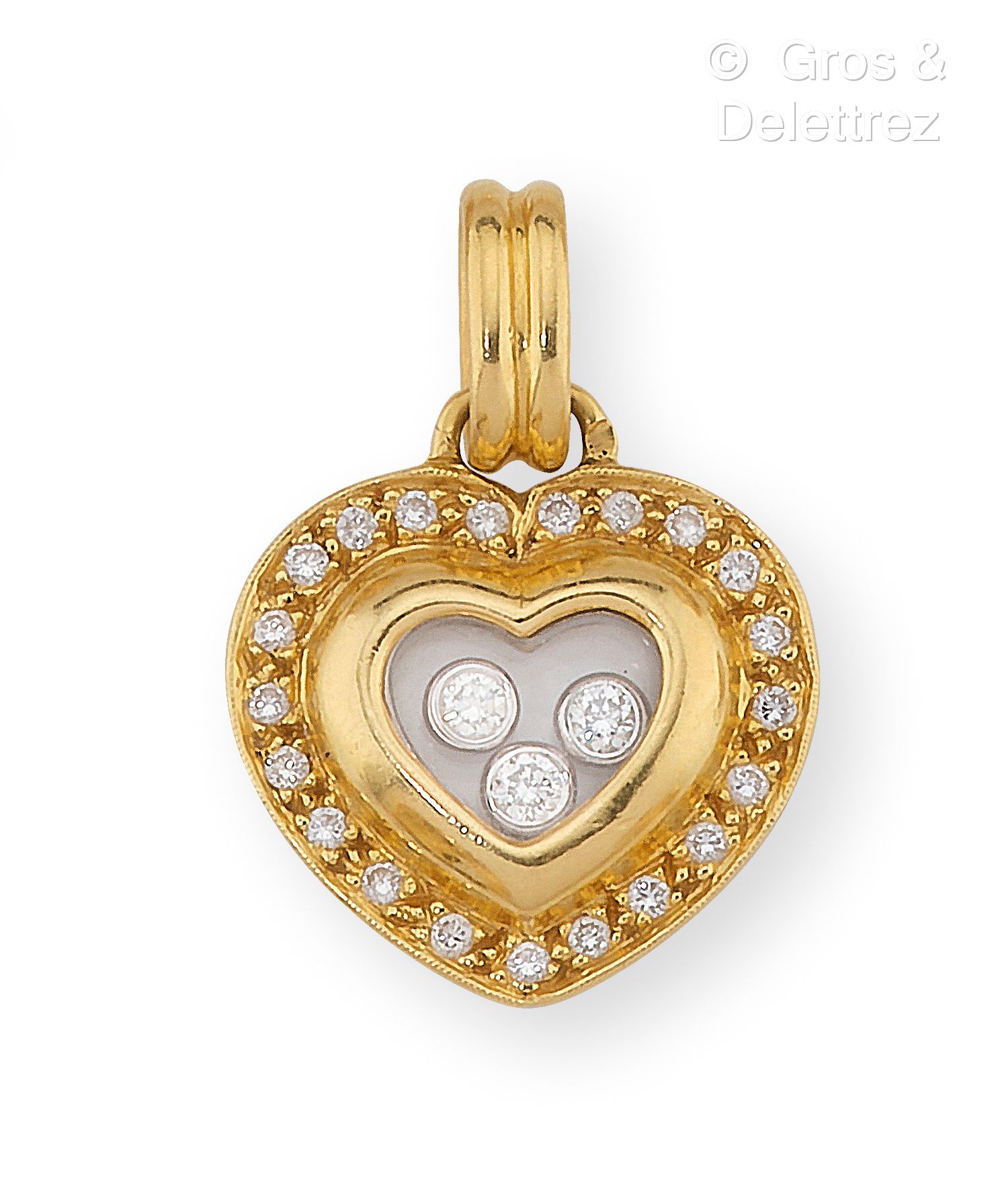 Null Pendentif « Cœur » en or jaune, orné de trois diamants mobiles entre deux p&hellip;