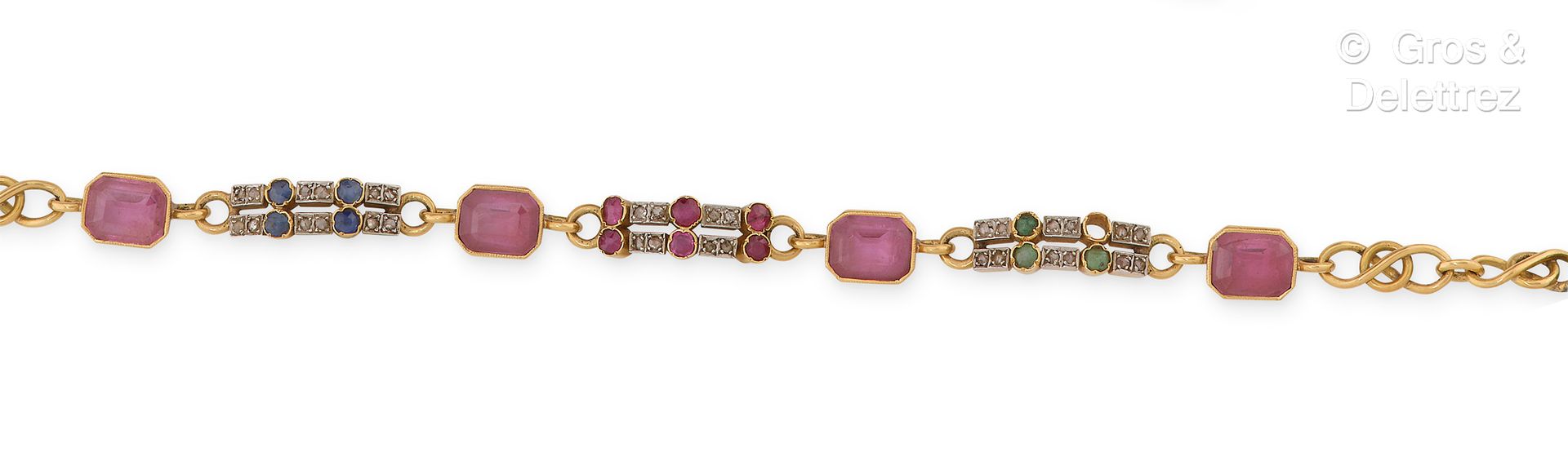 Null 黄金和铂金手镯，由八角形紫水晶与玫瑰式切割钻石、祖母绿（缺失）、红宝石、蓝宝石的线条交替组成。有交错链接的链条。手腕尺寸：19厘米。毛重：10.1克。