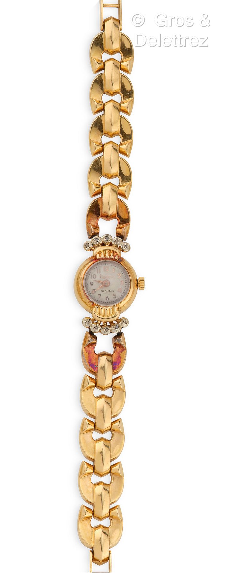 FLAMOR Vers 1940 – Bracelet-montre de dame en or jaune, boîtier rond (1,7 cm), l&hellip;