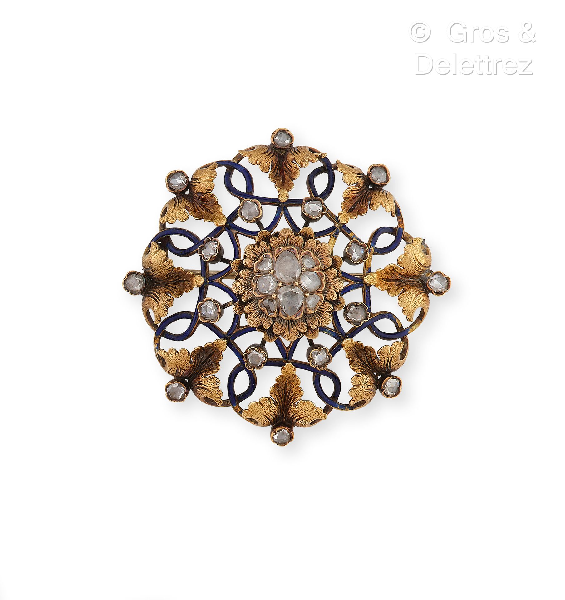 Null Rosette" brooch in yellow gold partially enamelled blue, topped with leaves&hellip;