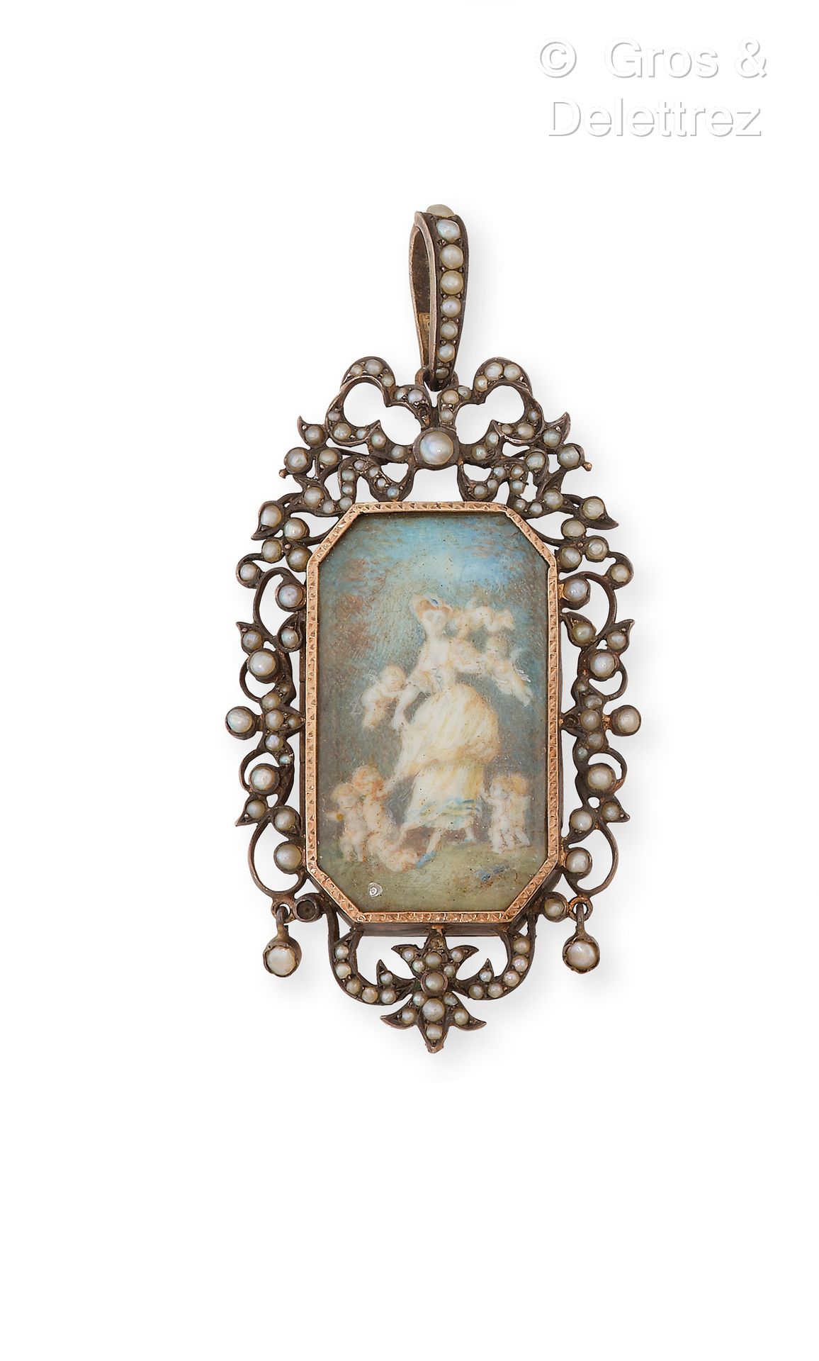 Null 银质 "Porte-souvenir "吊坠，在半珍珠框架中装饰着一个微型。19世纪的作品。尺寸：7 x 3,5厘米。毛重（含玻璃）：18.5克。