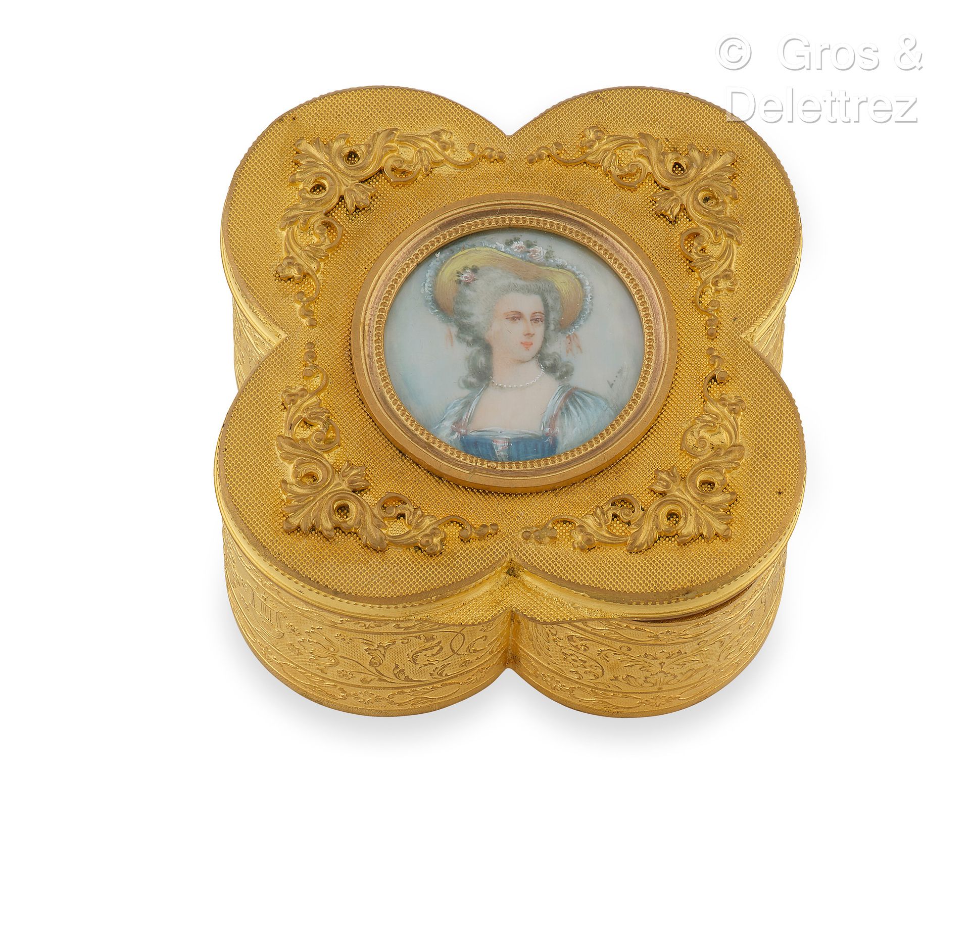 Null Scatola per gioielli in metallo dorato, decorata con una miniatura.