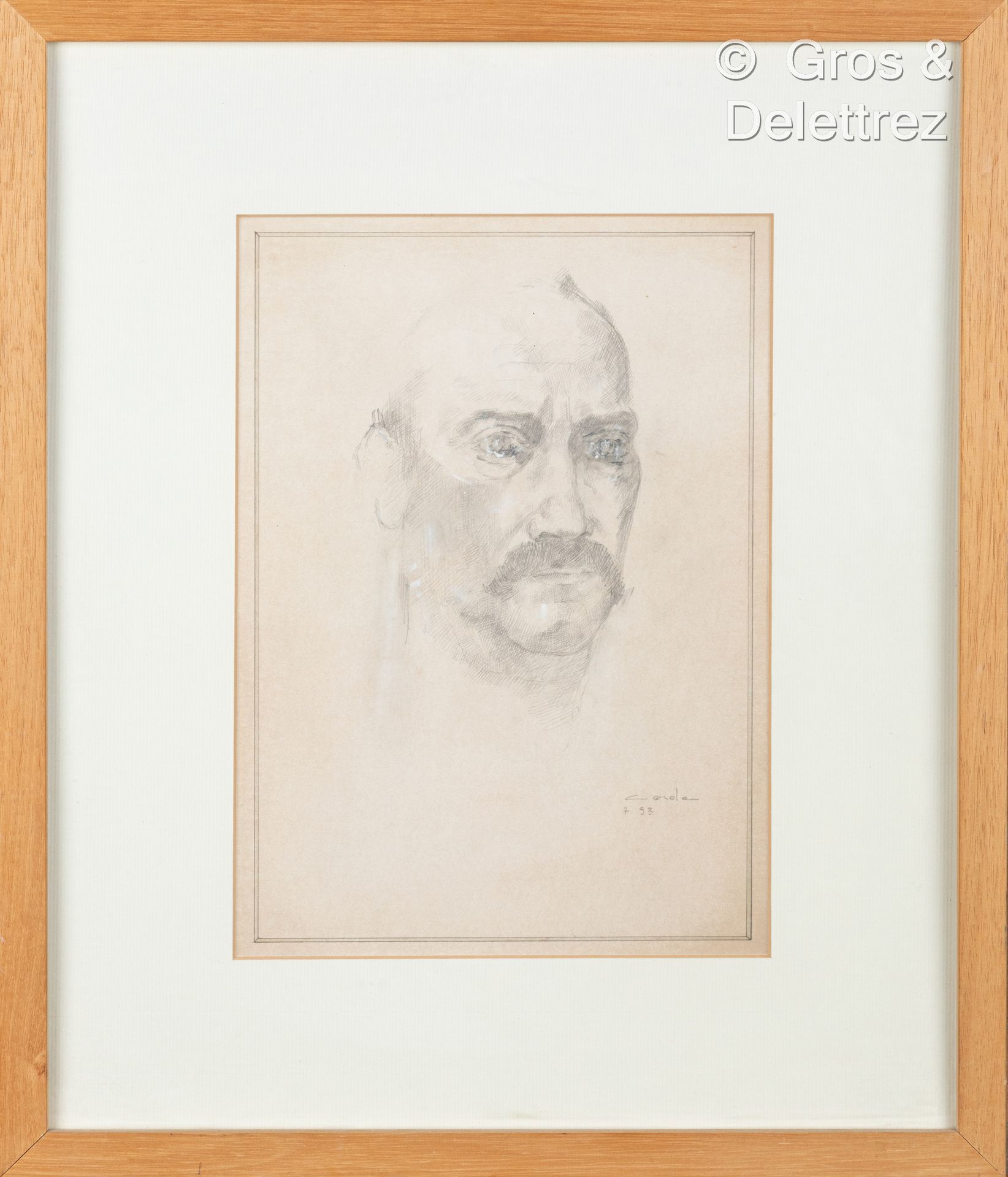 Null (E) 毛罗-科达(生于1960年)

有小胡子的人的肖像

纸上石墨和粉笔高光，右下方有签名和日期93

31 x 22 cm 正在观看