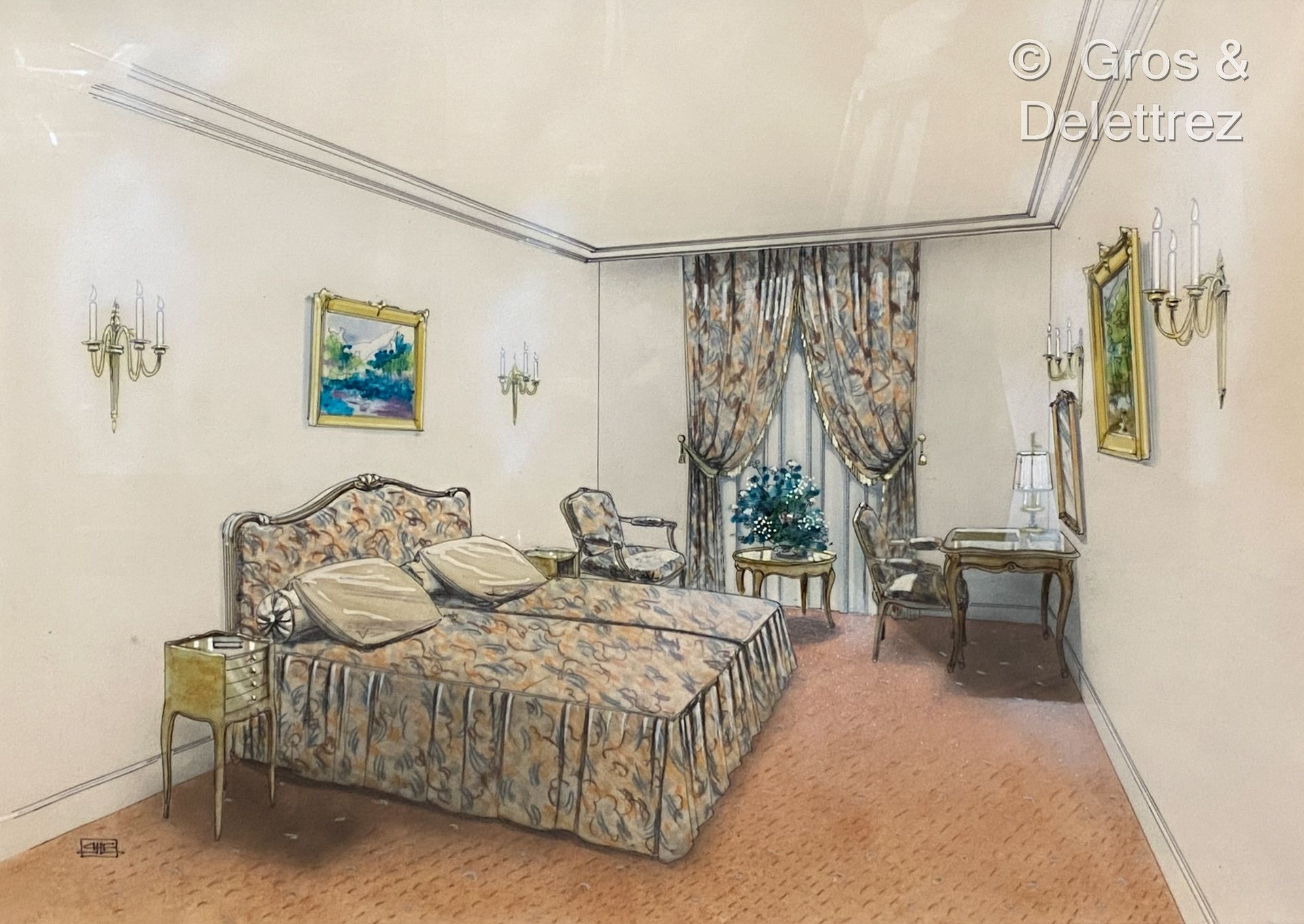 Null (E) 路易十五风格的酒店房间项目

描图纸上的毛笔和水粉画，左下角标有单字

约1940年

37 x 53 cm at sight