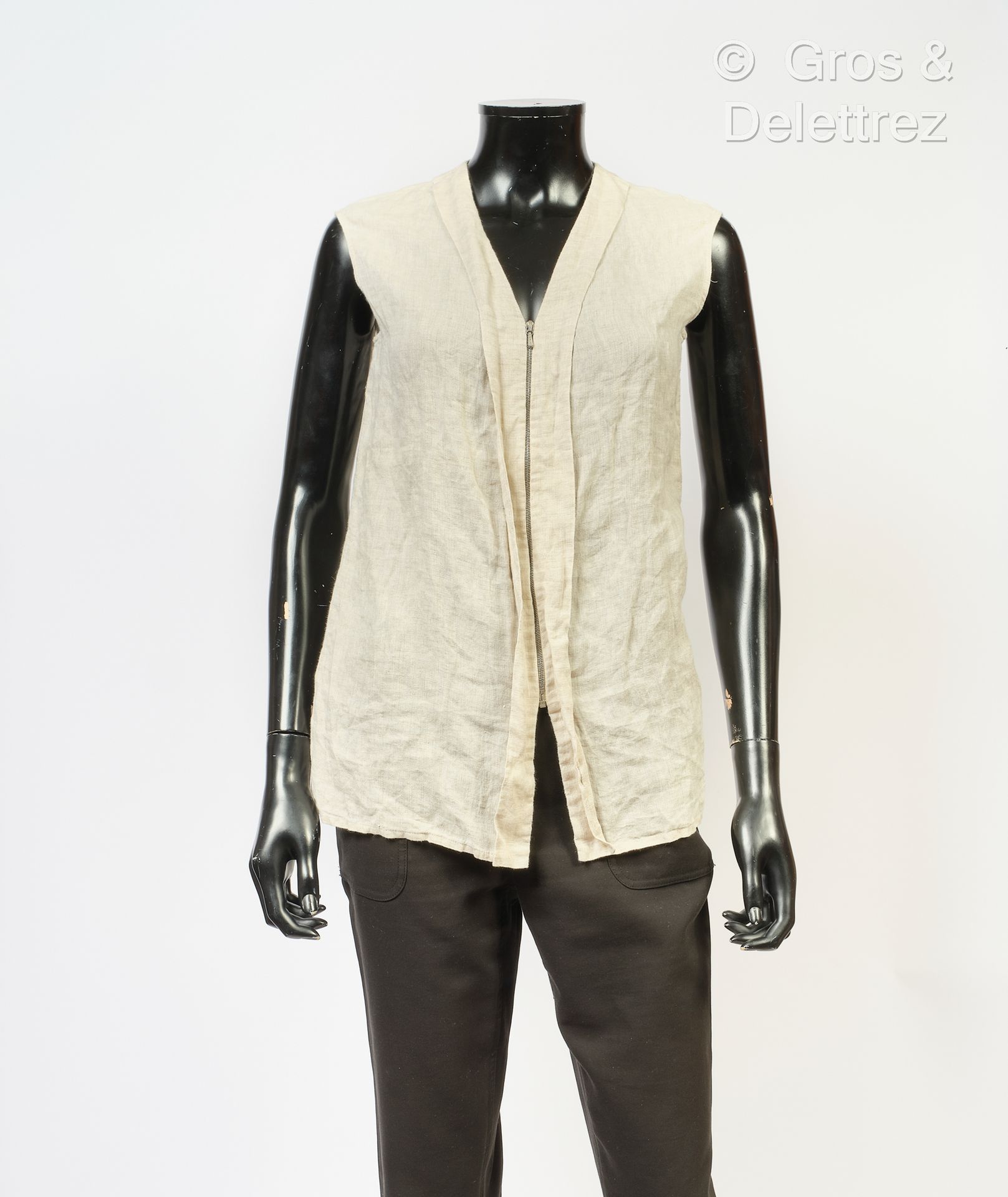 Null HERMES Paris made in France - Top senza maniche con zip in lino taupe, scol&hellip;