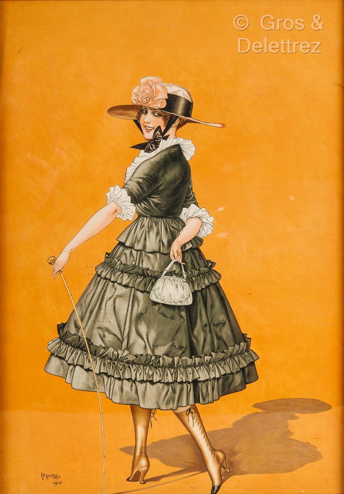 Null (E) Chéri HÉROUARD (1881-1961)

拄着拐杖的优雅女人

彩色石版画，1916年，版上左下方有签名和日期 "HEROUAR&hellip;