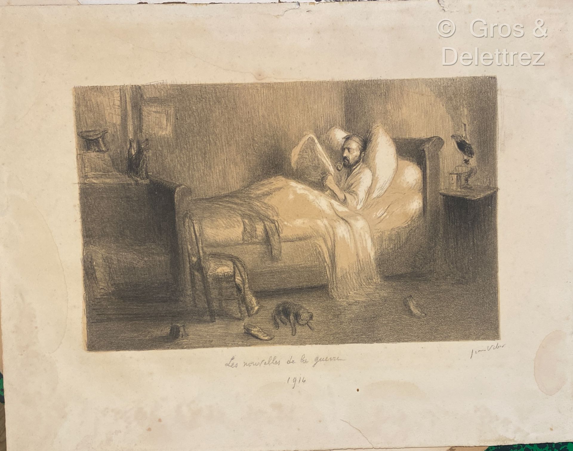 Null (E) Jean VEBER，来自

战争的消息

石版画，有标题，日期为1914年，右下方有铅笔签名

27 x 36 厘米

雀斑、污点和泪痕