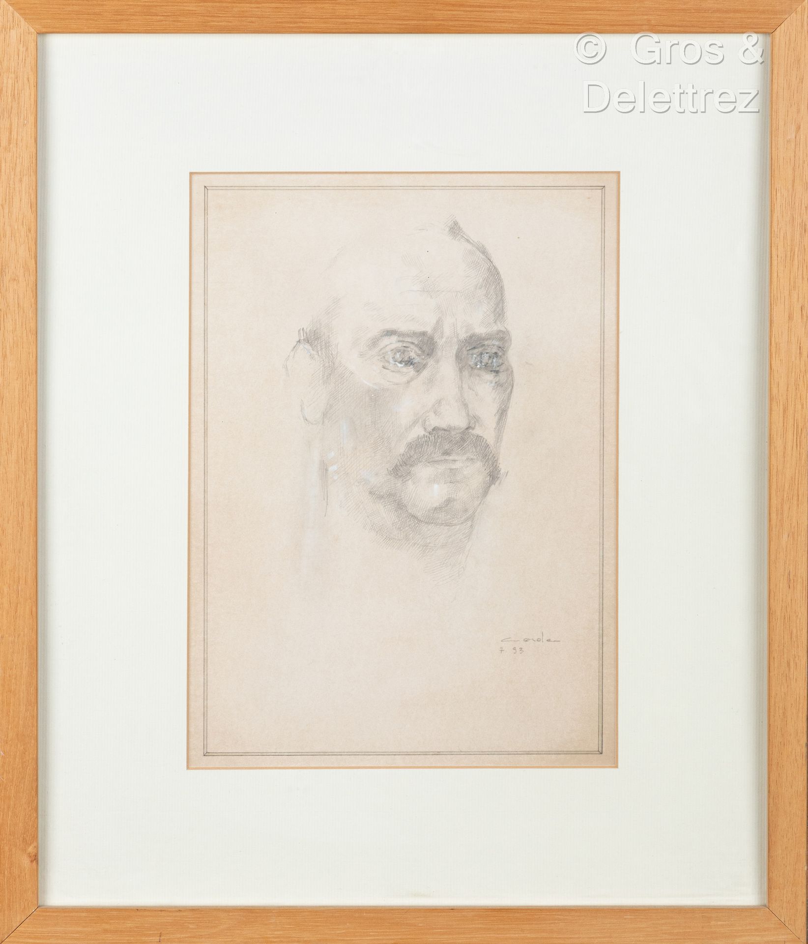 Null (E) 毛罗-科达(生于1960年)

有小胡子的人的肖像

纸上石墨和粉笔高光，右下方有签名和日期93

31 x 22 cm 正在观看