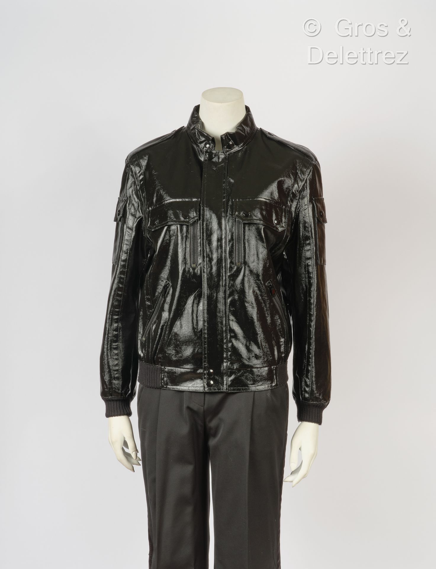 SAINT LAURENT Zip jacket in black waxed fabric, small collar on pressure, zipped&hellip;