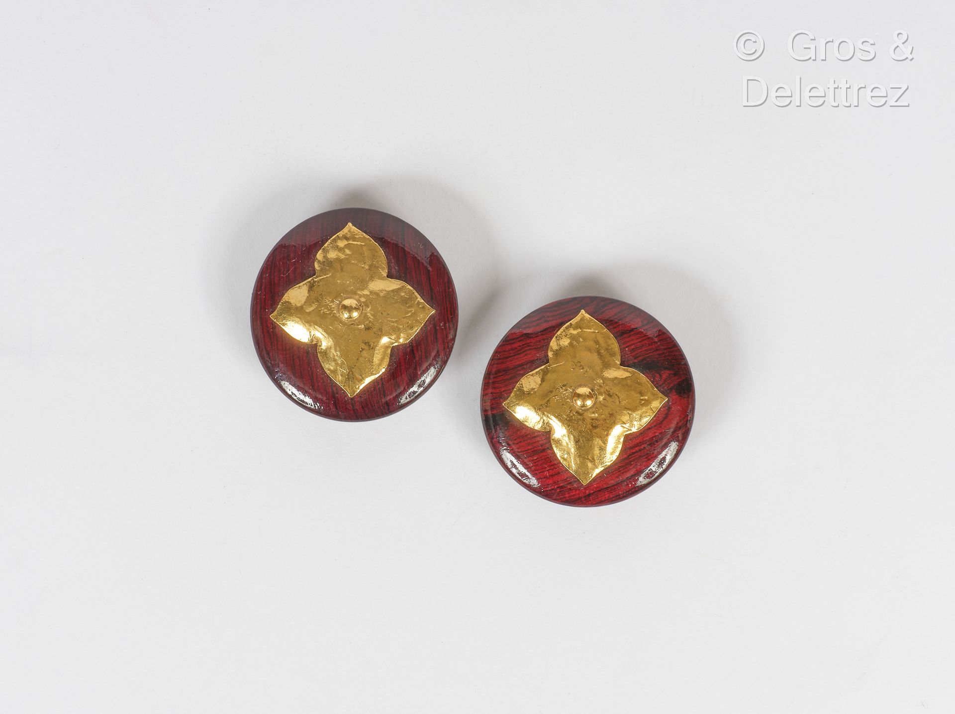 YVES SAINT LAURENT Pair of ear clips in red lacquered wood topped with a stylize&hellip;