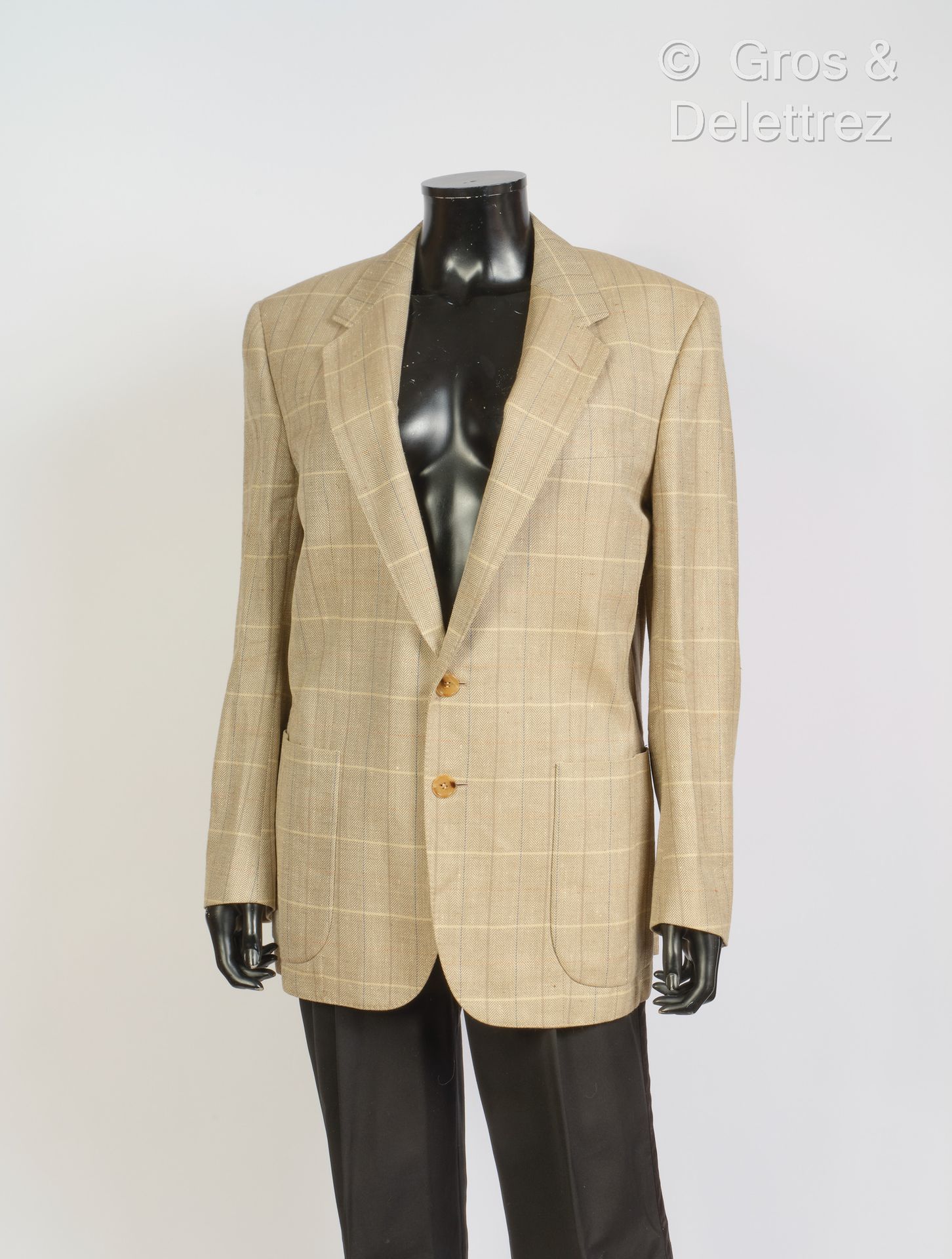 HERMES Paris made in France Men's wool and silk jacket with beige and blue check&hellip;
