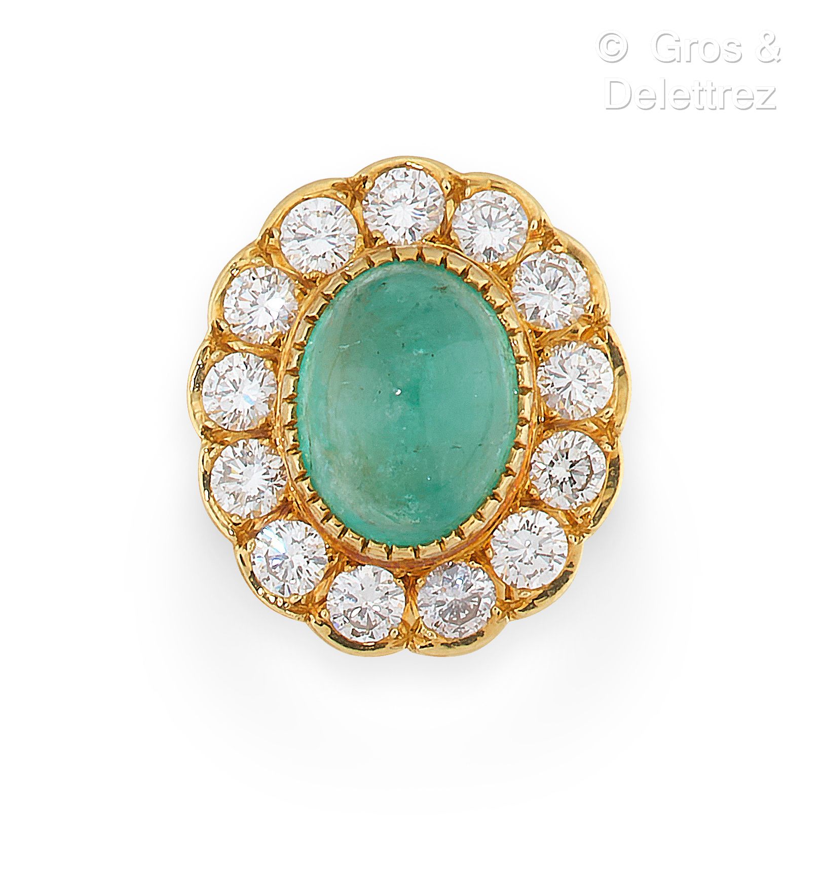 Null Pompadour-Ring aus 750er Gelbgold, verziert mit einem Smaragd-Cabochon in Z&hellip;