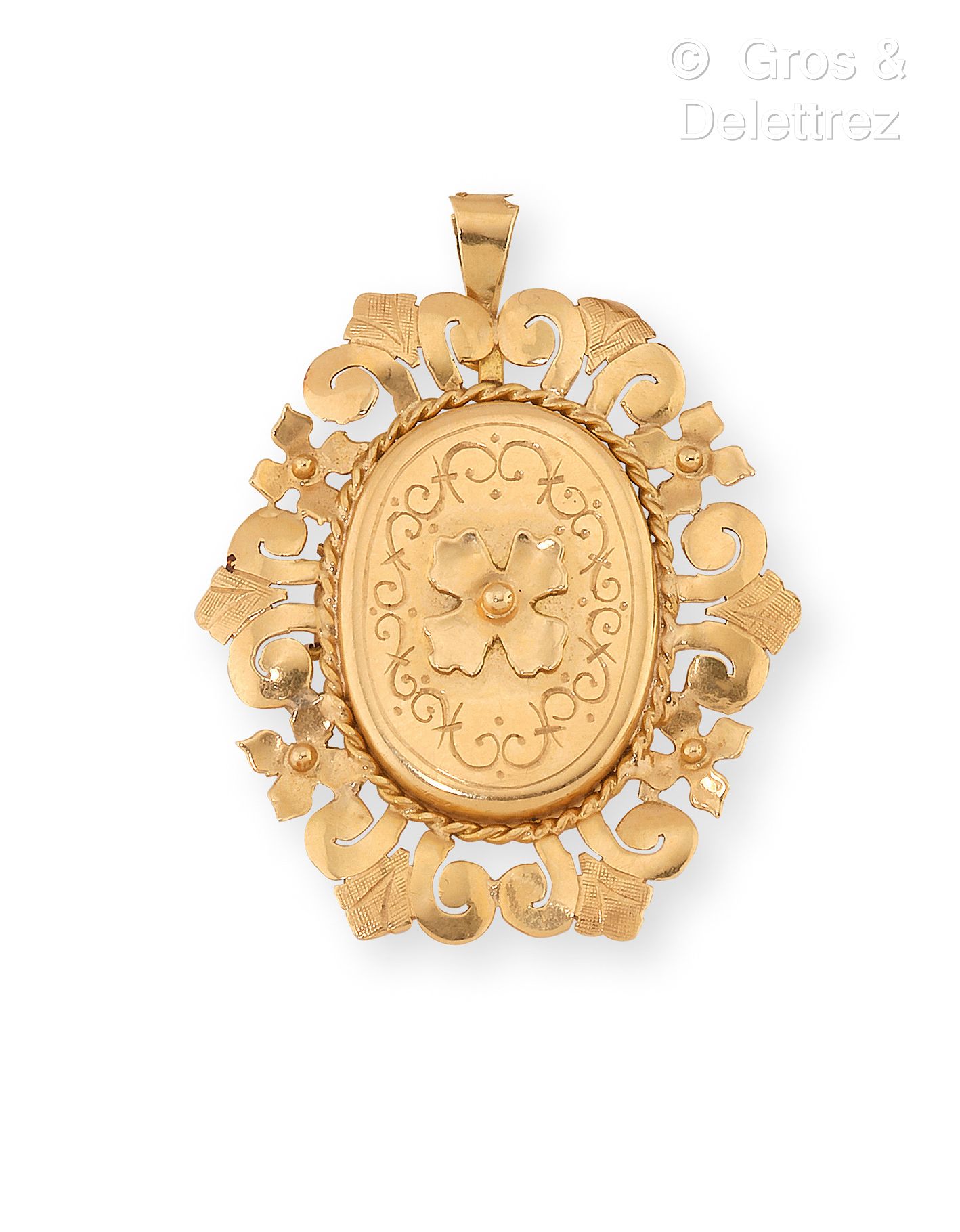 Null Ciondolo-medaglione in oro giallo 750 millesimi centrato da un fiore con qu&hellip;