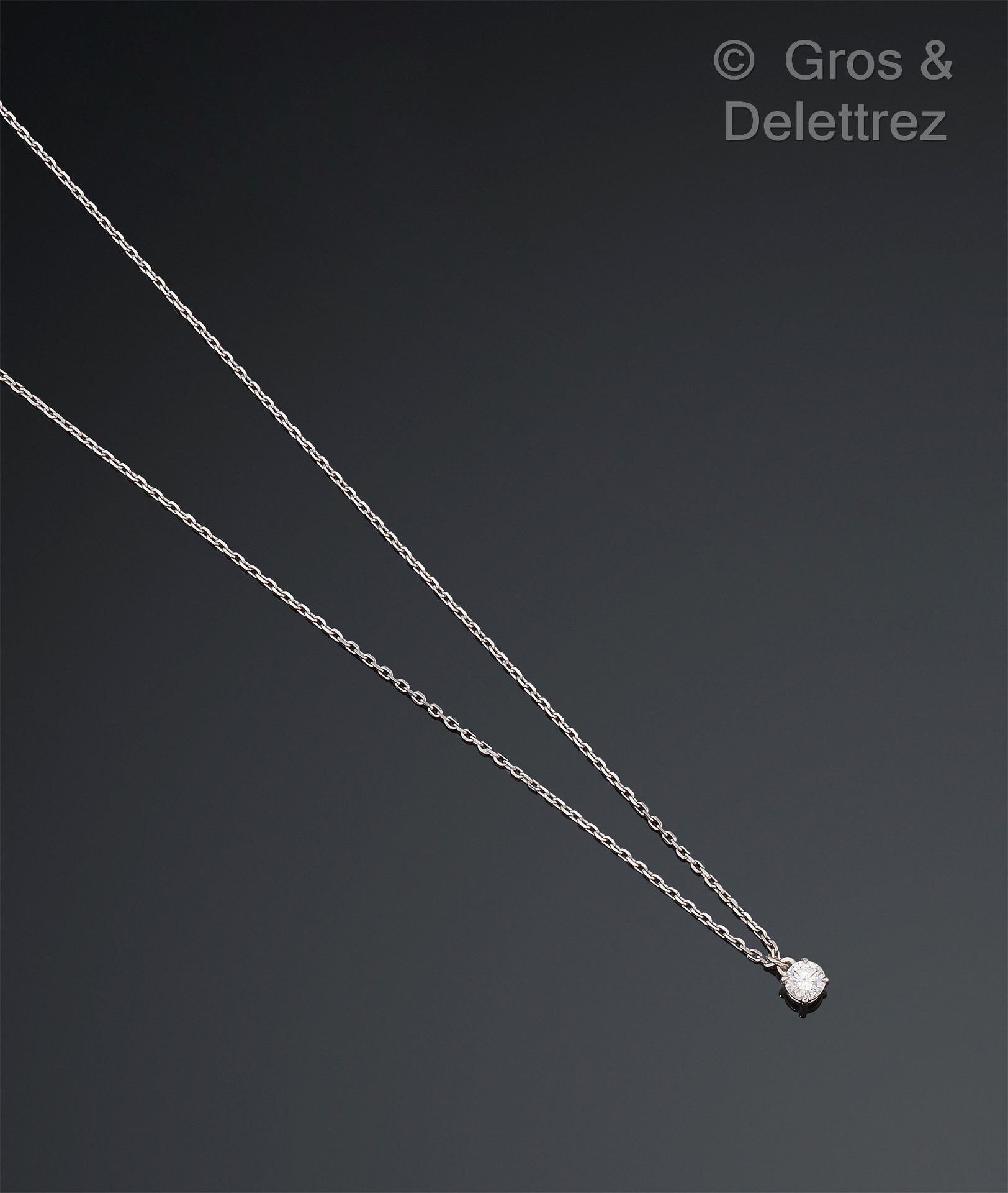 Null 白金75万分之一的项链，由一条细小的链子组成，链子上有网状的forçat锉刀，夹着一颗明亮式切割的钻石。钻石的重量：约0.15克拉。可调节长度：35-&hellip;