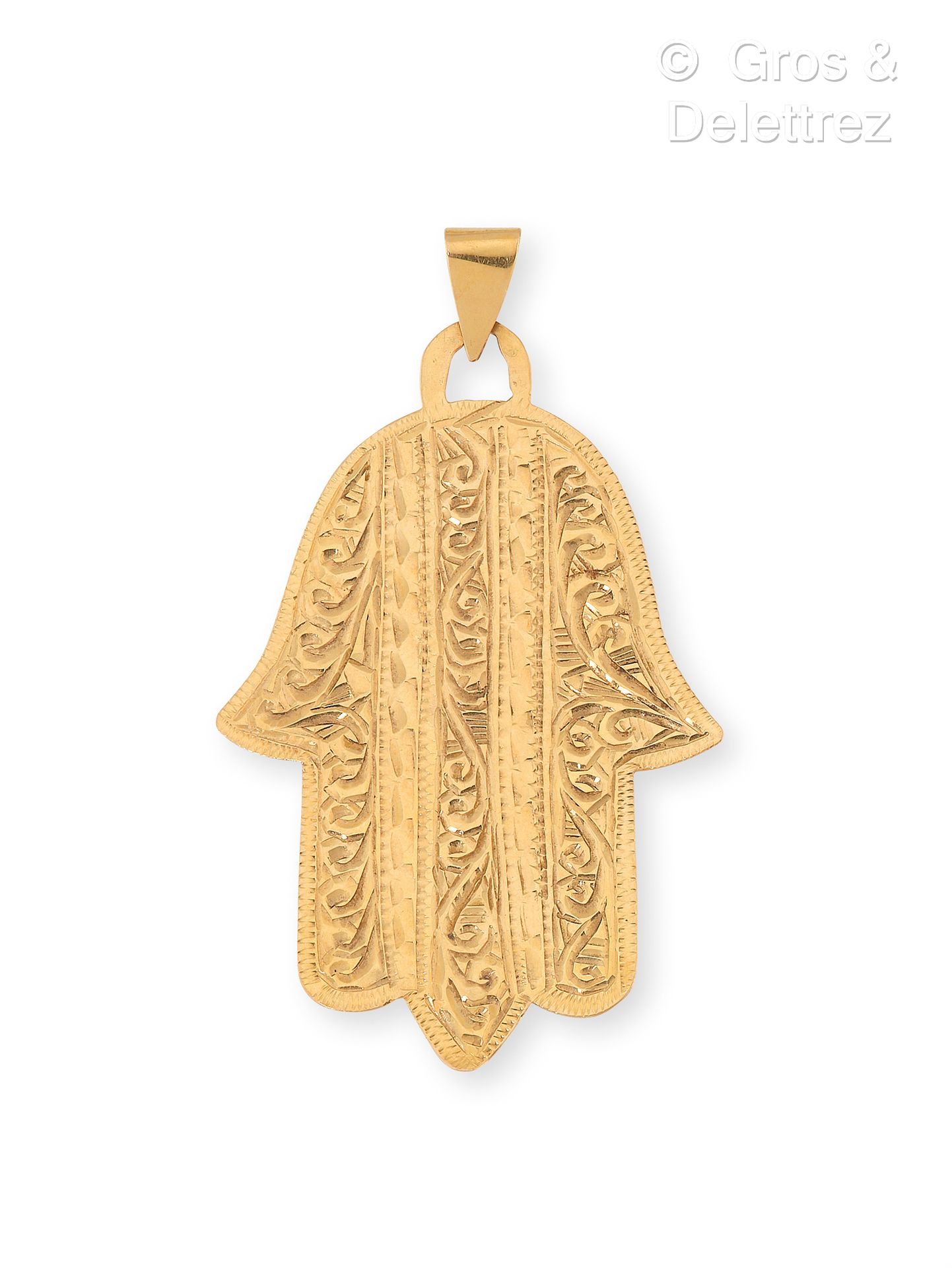 Null 垂饰 "Fatma之手"，由750千分之一的黄K金打造。摩洛哥人的作品。尺寸：7.3x4.3厘米。P. : 8.2克。