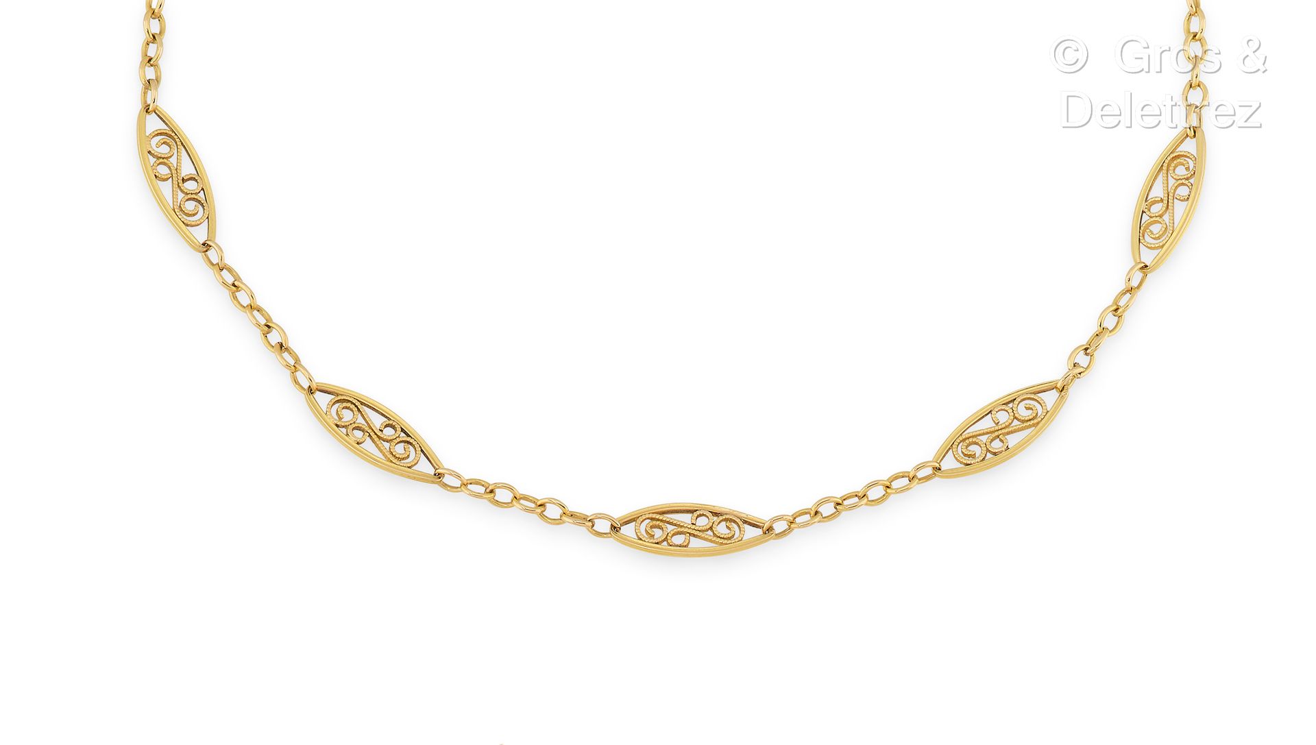 Null Necklace in yellow gold 750 thousandths with filigree shuttle links. French&hellip;